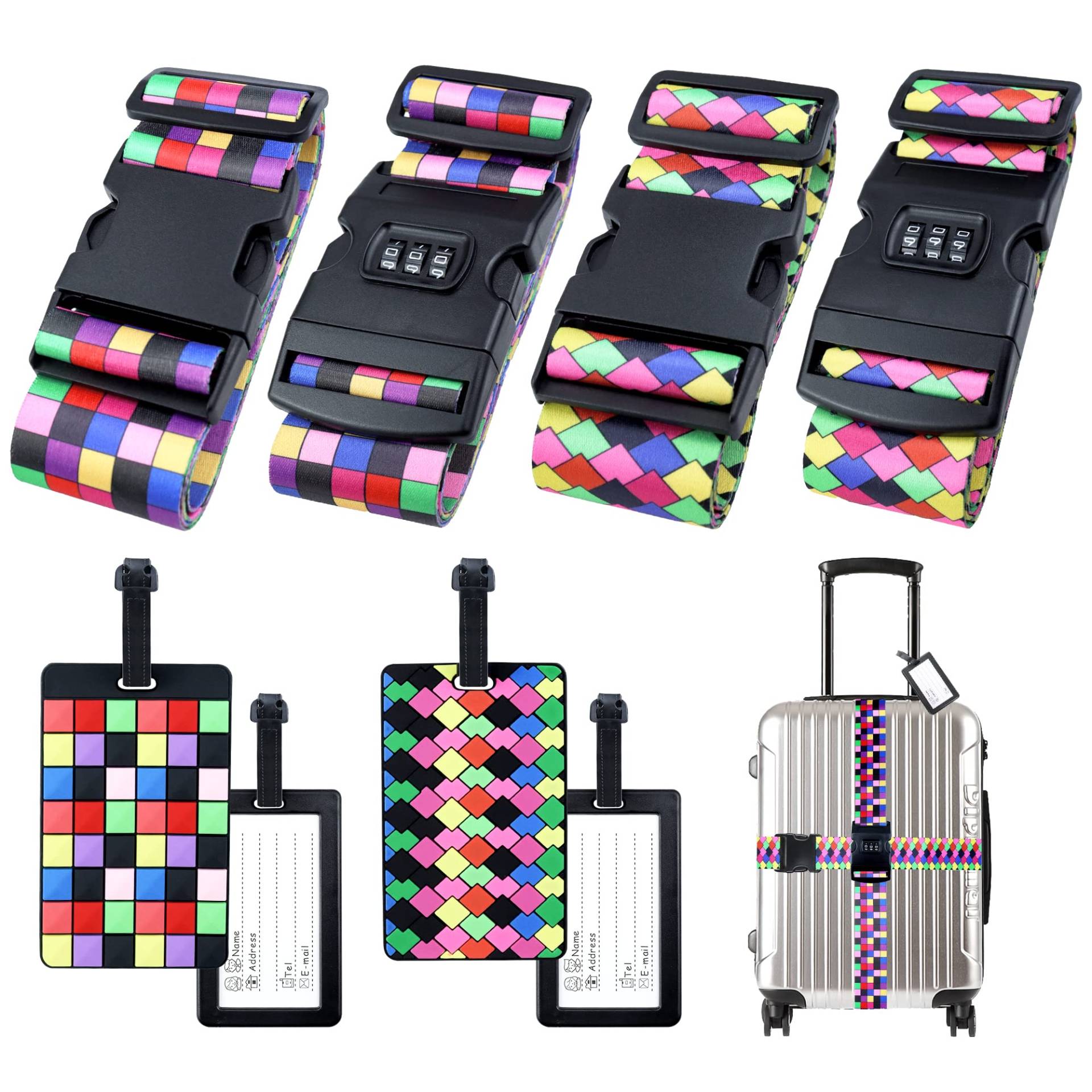 Hivia 4 Stück Koffer Band Set - Koffergurte 4 Stück+4er Koffer Markierung,Kofferband mit Schloss Koffer Zubehör Adjustable Multifunktional Luggage Strap|Gitter von Hivia