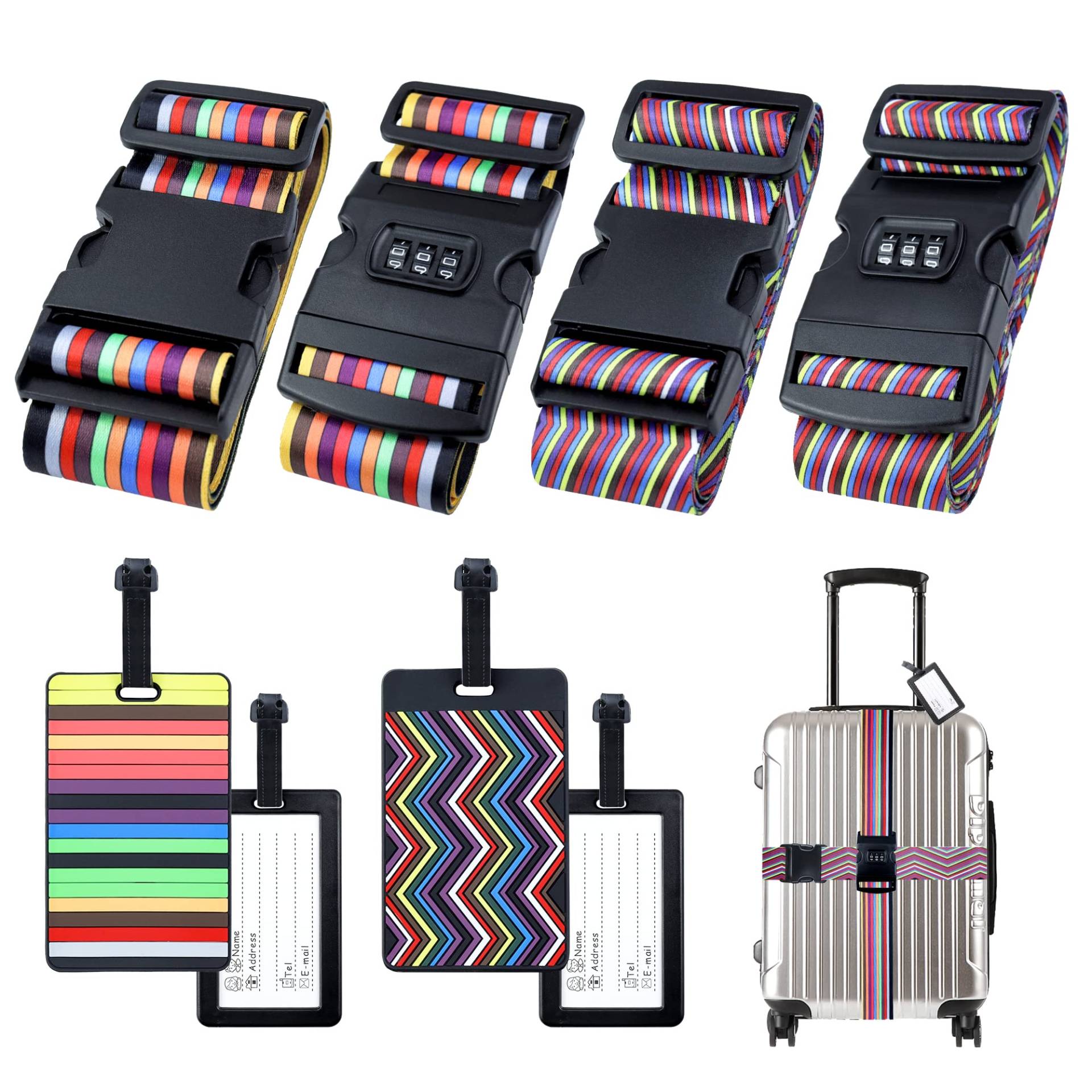 Hivia 4 Stück Koffergurt mit Zahlenschloss+4 Kofferanhänger mit Adressschild Koffergurte Bunt Gepäckgurt Travel Accessories,Adjustable Multifunktional Luggage Strap Kofferband Gurt 200x5cm,Streifen von Hivia