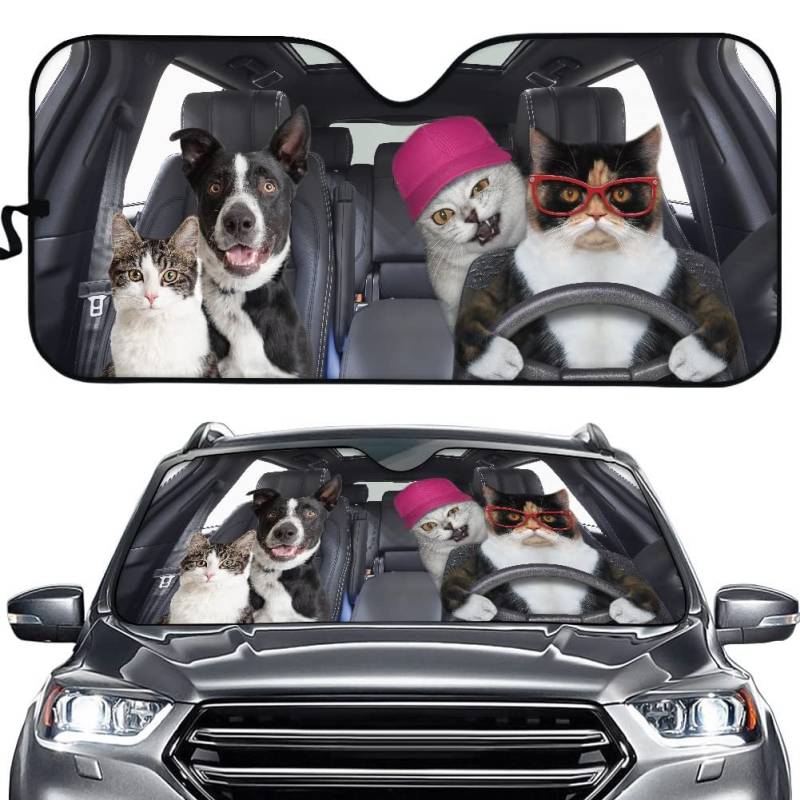 Hixingo Auto Frontscheibe, 3D Funny Tier Motiv Sonnenschutz für Windschutzscheibe, Frontscheibenabdeckung, Faltbares Design Auto Sonnenschutz, UV-Schutz, für meisten Autos (Katzen Hunde 10) von Hixingo