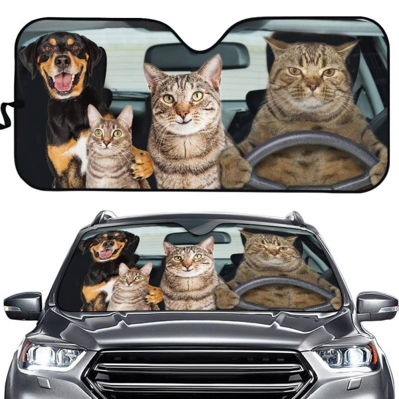 Hixingo Auto Frontscheibe, 3D Funny Tier Motiv Sonnenschutz für Windschutzscheibe, Frontscheibenabdeckung, Faltbares Design Auto Sonnenschutz, UV-Schutz, für meisten Autos (Katzen Hunde 3) von Hixingo