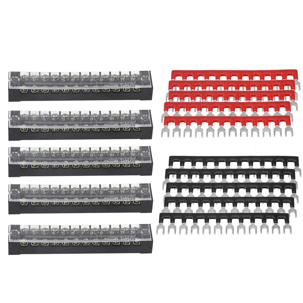 5 Sätze Klemmenblock - 5 Stück zweireihig 12 Positionen 600 V 15 A Schraubklemmenblock + vorisolierte Klemmenschutzleiste Spatengabel-Drahtverbinder vorisolierte Klemmen Barrierestreifen von TTAMG