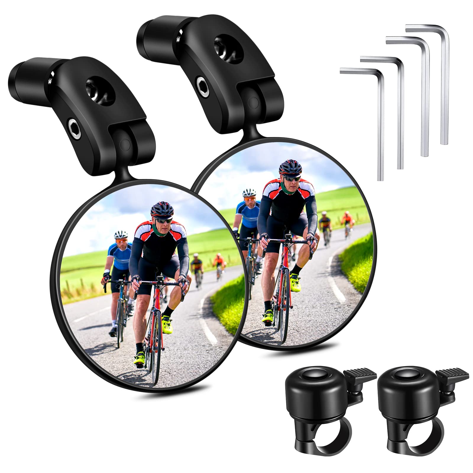 2 Pcs Fahrrad Rückspiegel, Klappbarer Fahrradspiegel Universal, 360° Einstellbare Lenkerendspiegel Rund mit Glocken, Drehbar Fahrradlenker Spiegel für Mountainbike Rennrad E Bikes von HoaaiGo