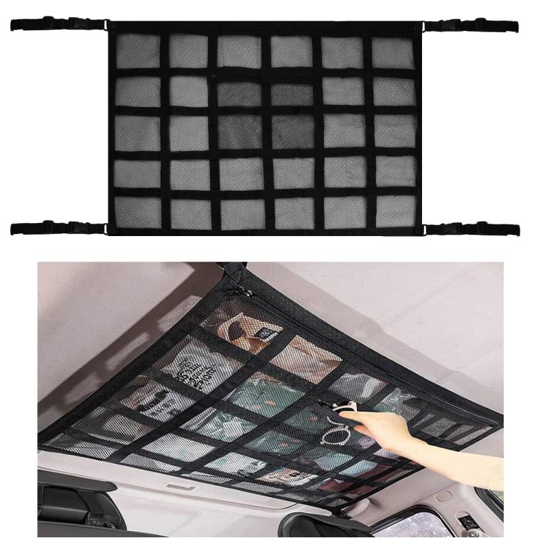 Autodach Aufbewahrung Netz, 90 X 65cm Auto Interieur Netztasche Car Decke Netze, Autodach Gepäcknetz Auto Decke Cargo Netz Organizer Universal Netztasche für Vier Dach Armlehnen, SUV, Van von HoaaiGo