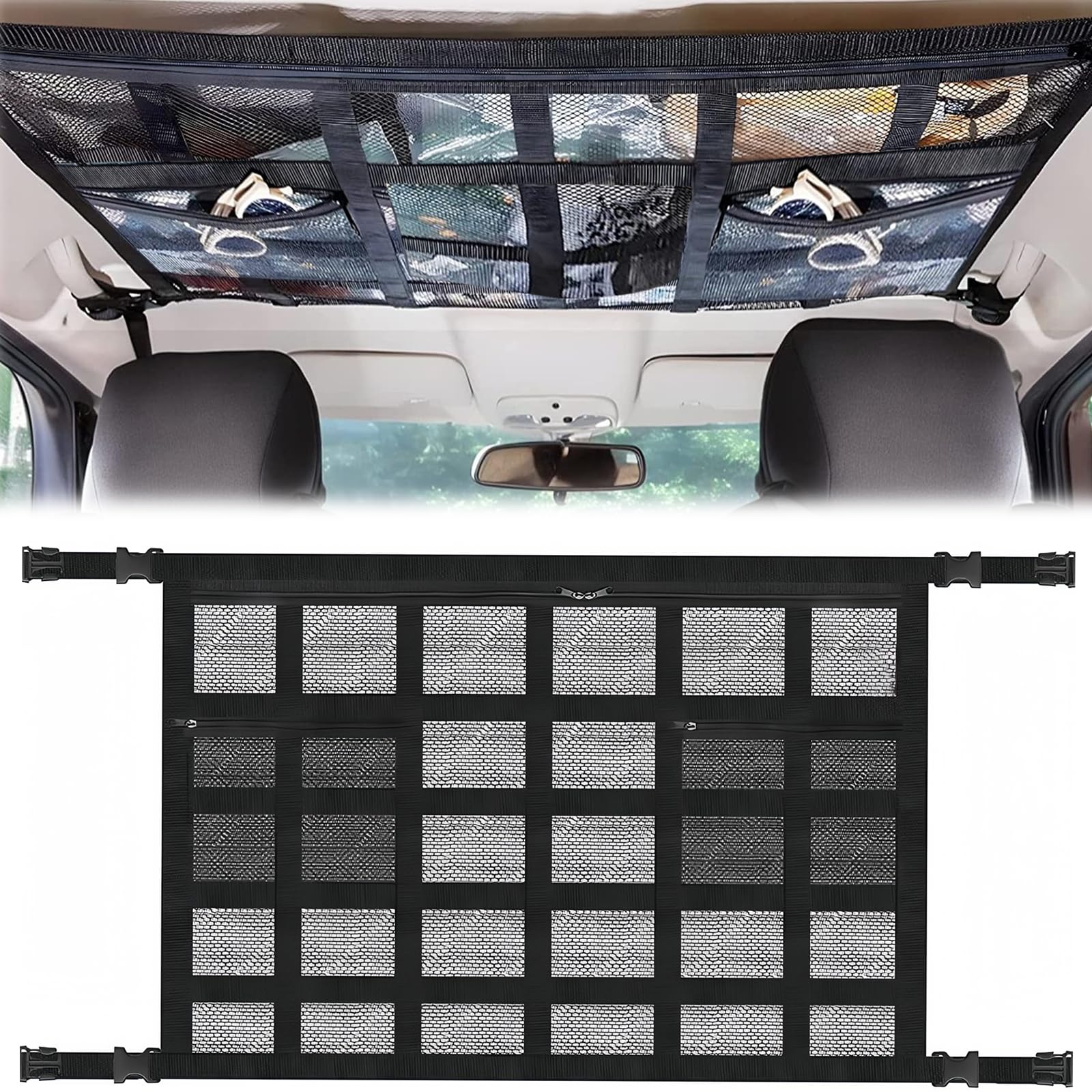 Gepäcknetz Auto für Aufbewahrung, 90x65 cm Dachnetz Autodach Gepäcknetz, Auto Decke Dach Netztasche, Auto Aufbewahrung Cargo Netz Organizer für Vier Dach Armlehnen SUV Jeep Van von HoaaiGo