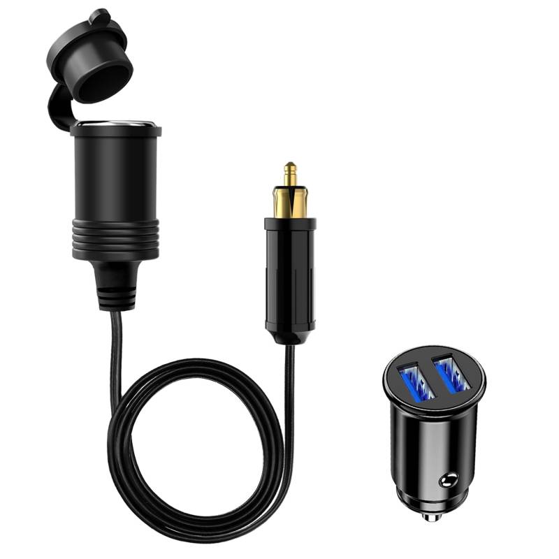 12 V/24 V Mini-Dual-USB-Auto-Ladegerät-Buchse, europäischer DIN-Stecker, Zigarettenanzünder-Adapter-Buchse, 90 cm, Hella DIN-Stecker auf Zigarettenanzünder-Buchse, Verlängerungskabel für Motorräder von Hoembpn