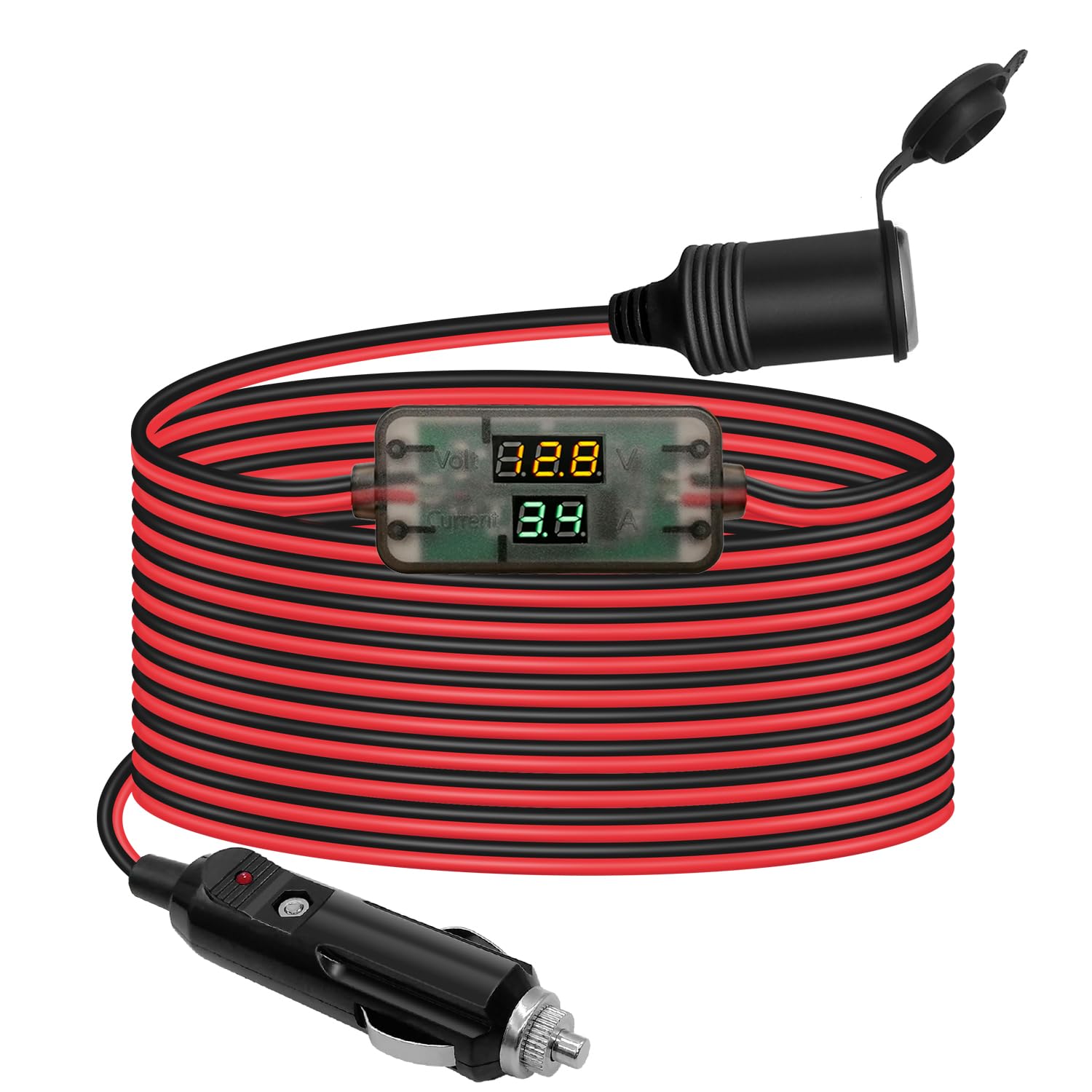 Hoembpn 4M 3-in-1 Batterie Monitor KFZ Verlängerungskabel Zigarettenanzünder Buchse Adapter, 12V/24V Auto Batteriewächter Zigarettenanzünder Steckdose 10A 17AWG Kabel mit LED Voltmeter Amperemeter von Hoembpn