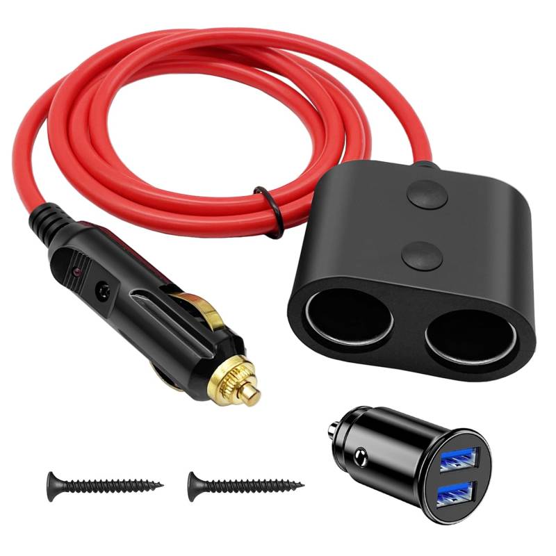 Hoembpn 180W Auto Zigarettenanzünder Verteiler High Power 1 Stecker auf 2 Zigarettenanzünder Steckdose Splitter 18AWG, 12V/24V Dual USB Port Zigarettenanzünder Autoladegerät für Autos, SUVs, LKWs von Hoembpn