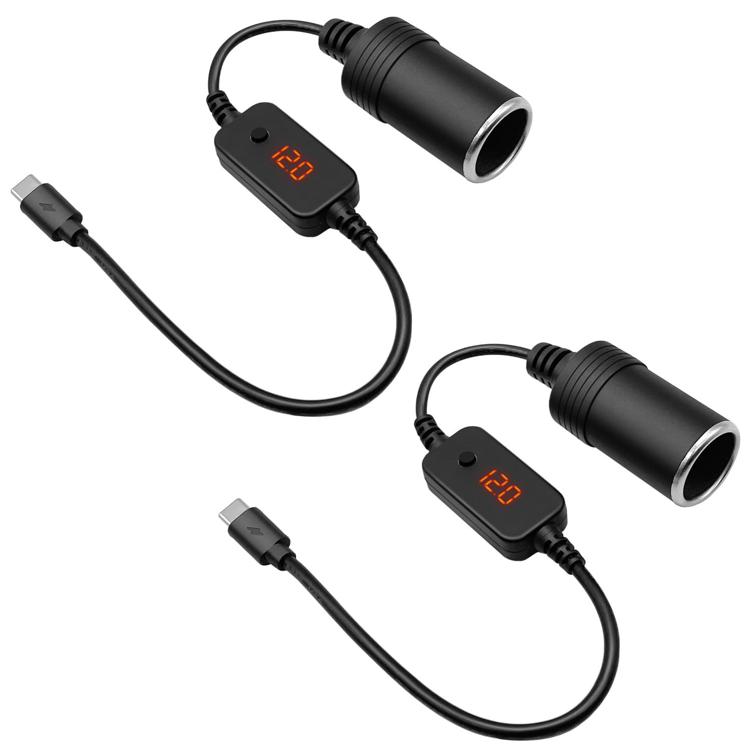 Hoembpn 2 Stück USB C Stecker auf 12V Auto Zigarettenanzünder Buchse Adapter Kabel Konverter mit Voltmeter Anzeige, Einstellbare Spannung 5V/9V/12V, Geeignet für Auto Ladegerät, GPS, Dashcam von Hoembpn