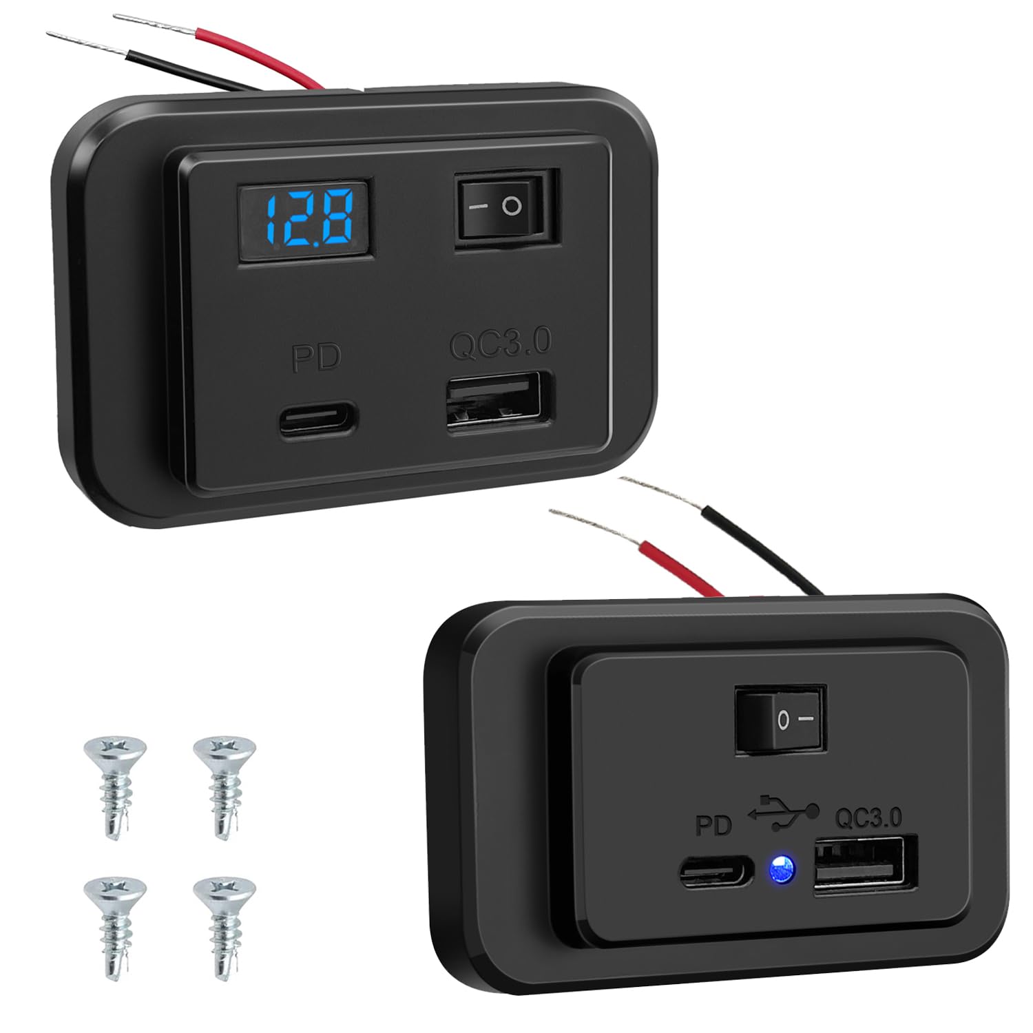 Hoembpn Dual USB C Steckdose 12V Wohnmobil Auto Ladegerät mit LED Voltmeter und Schalter, 40W PD Type C und QC3.0 USB Ladebuchse 12V/24V Schnellladung Panel für Bus KFZ LKW Boot von Hoembpn