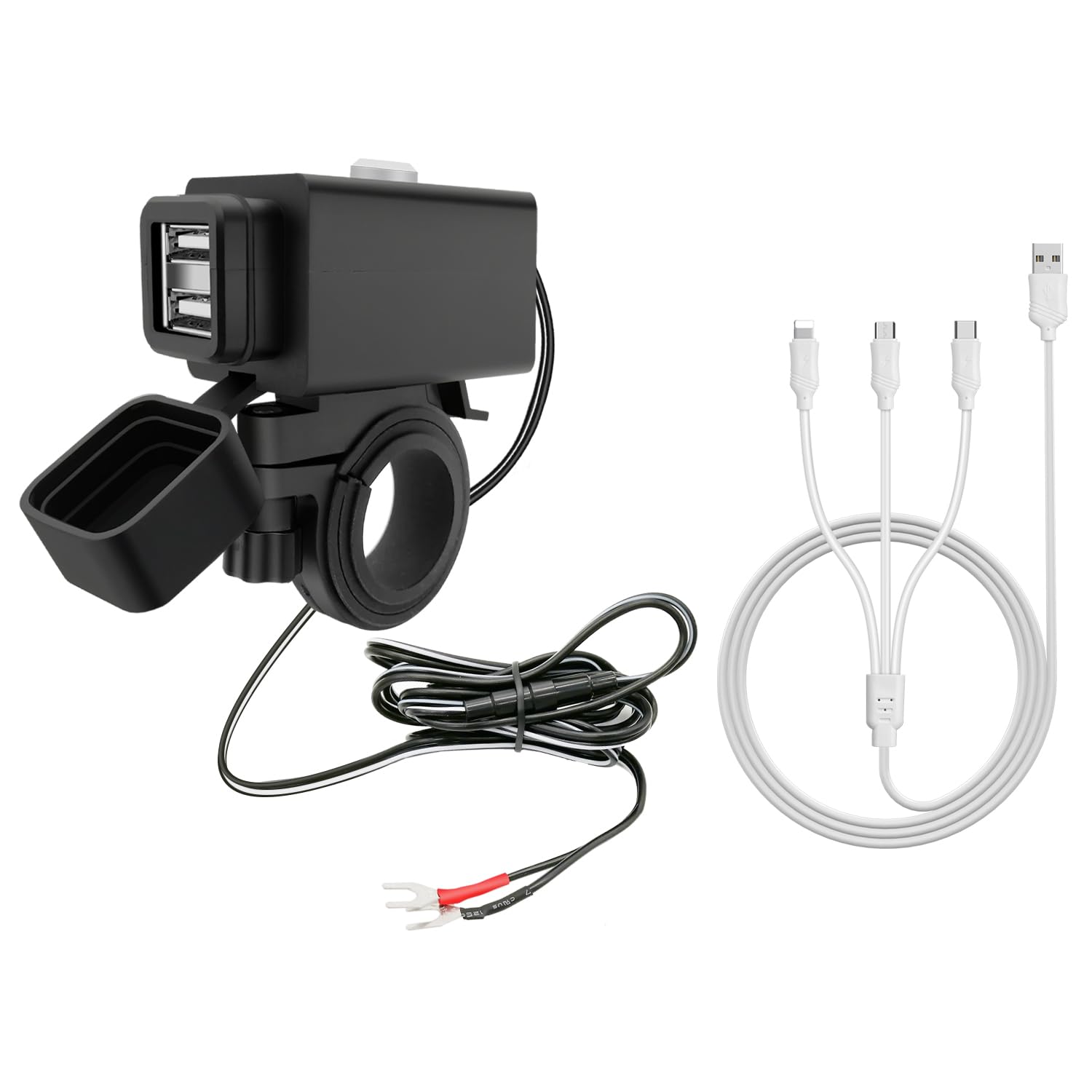 Hoembpn Motorrad USB Ladegerät Dual USB Port Motorrad Ladebuchse Adapter Wasserdicht mit Netzschalter + 3 in 1 Multi USB Ladekabel, für Smartphone, Tablet, Kamera von Hoembpn