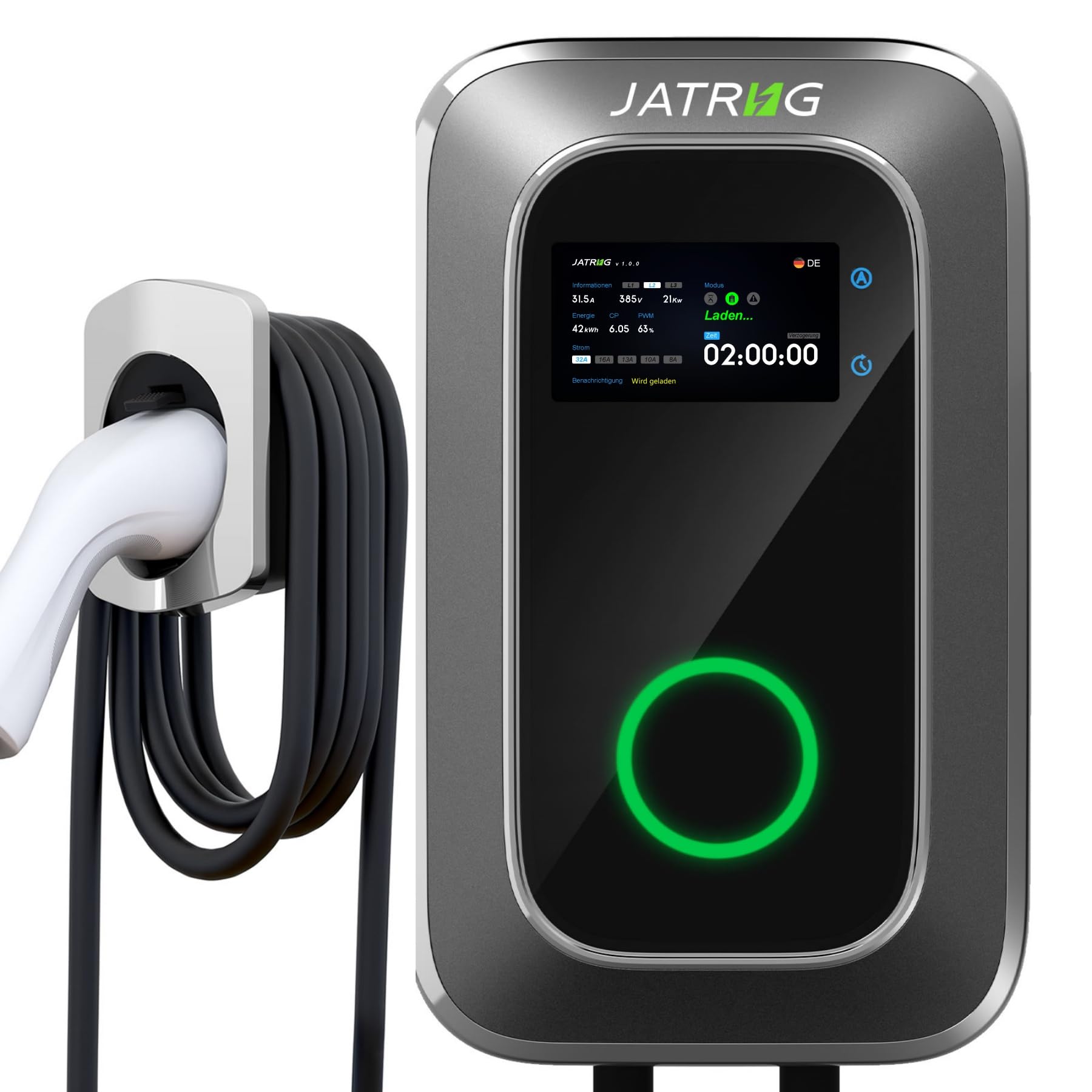 JATRHG S1 16A/32A EV Ladegeräte Ladestation für Elektrofahrzeug 7,2/11/22 kW 8 M einphasig Elektroauto Ladestation Typ 2 EV Wallbox IP66 wasserdicht Schnellladegerät Schwarz (7,2 kW 8 M) von HomeMiYN