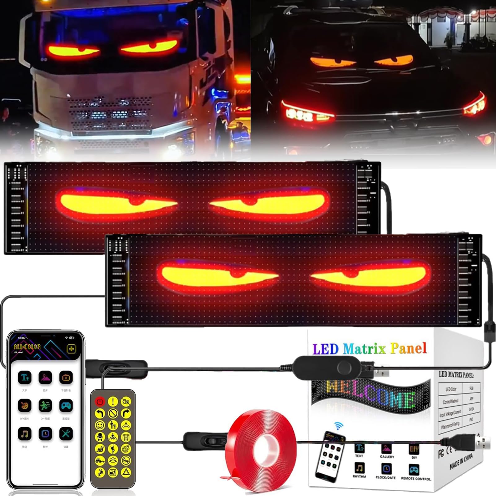 Teufelsaugen-Lichter für Autos, Devil Eyes Licht für Auto und LKW, Colorful Eye Lamp Soft Screen for Car Window, Programmierbares Flex-Auto-LED-Display von Homgo