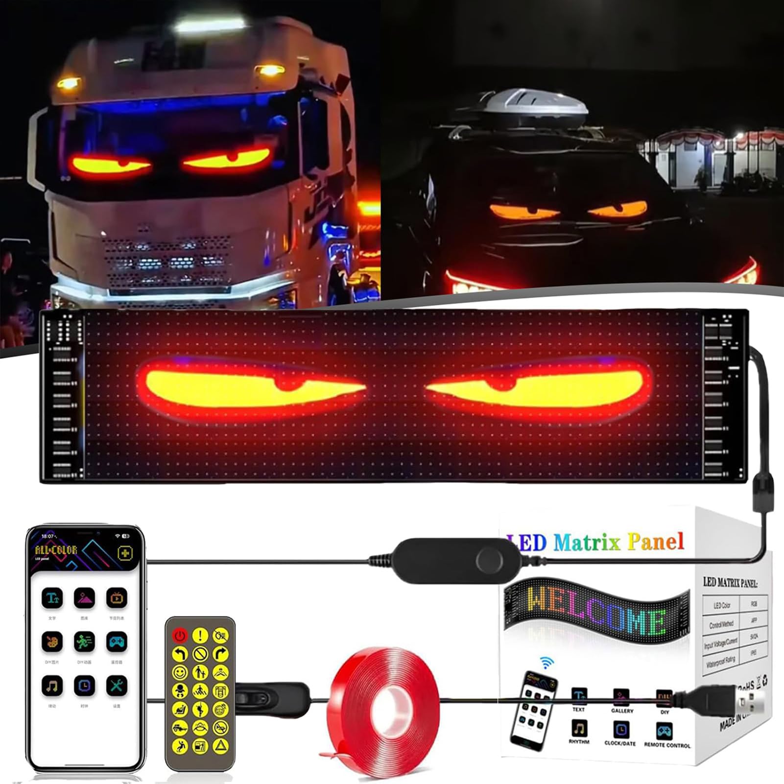 Teufelsaugen-Lichter für Autos, Devil Eyes Licht für Auto und LKW, Colorful Eye Lamp Soft Screen for Car Window, Programmierbares Flex-Auto-LED-Display von Homgo