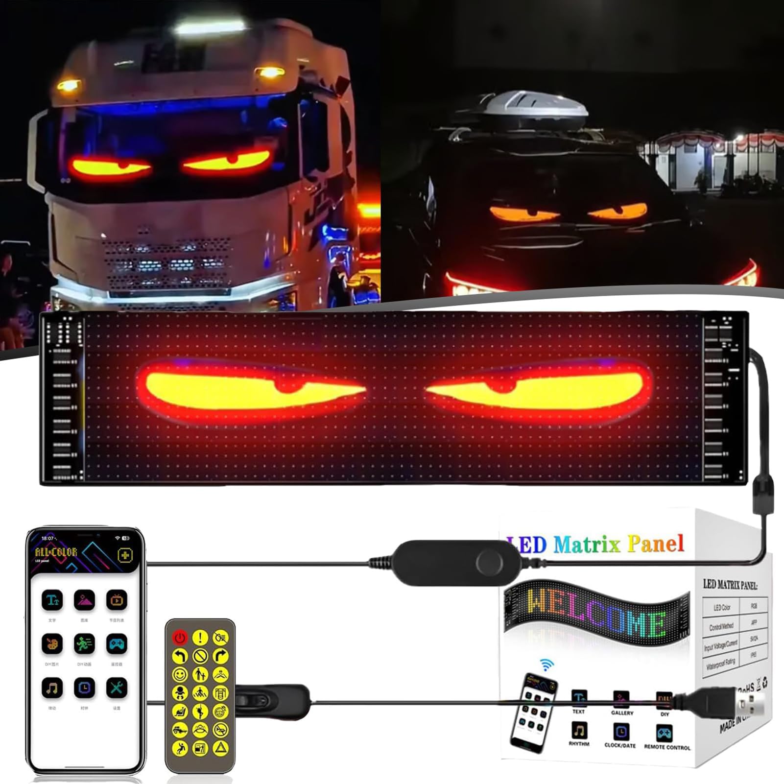 Teufelsaugen-Lichter für Autos, Devil Eyes Licht für Auto und LKW, Colorful Eye Lamp Soft Screen for Car Window, Programmierbares Flex-Auto-LED-Display von Homgo