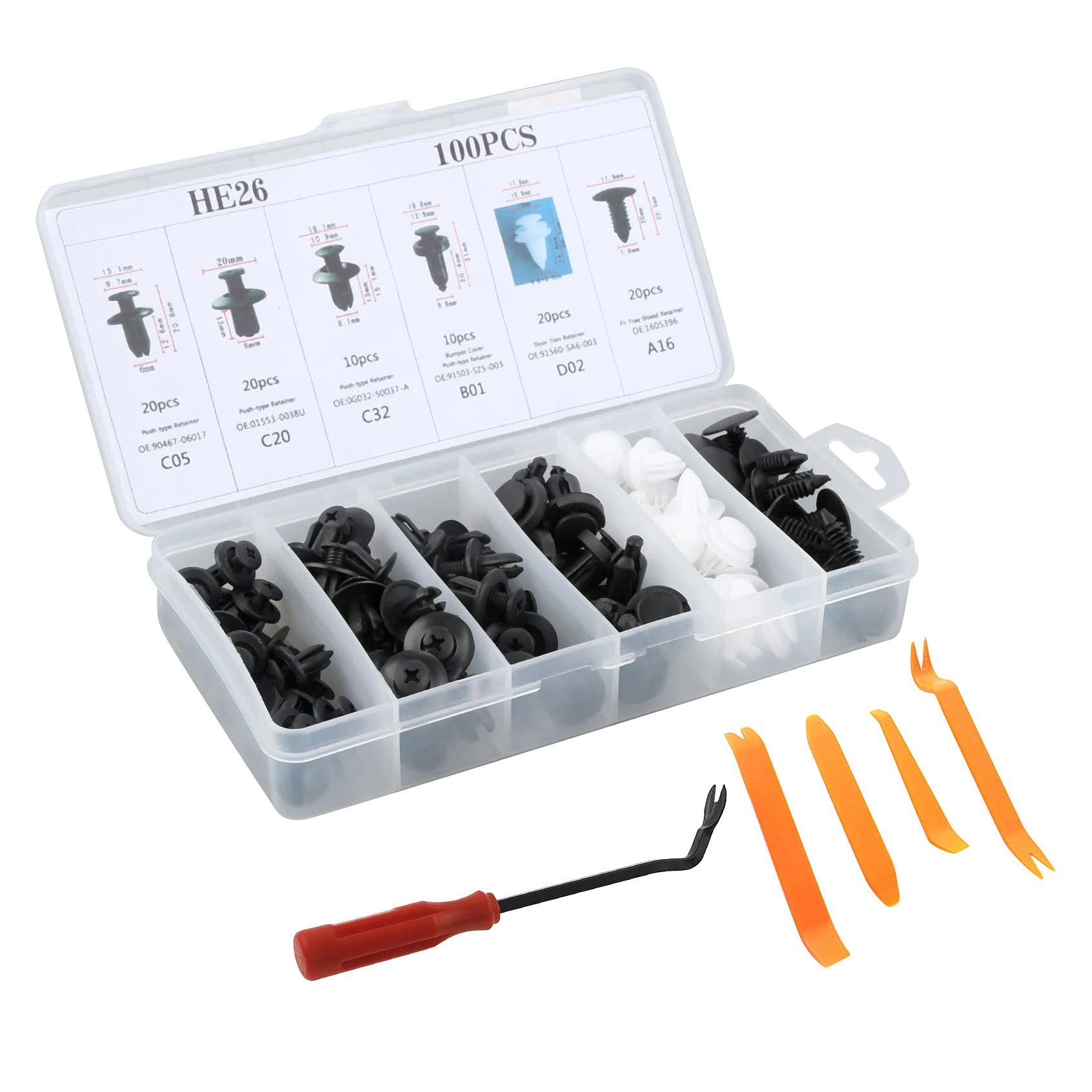 HondoKet 100 STÜCKE Universal Kunststoff KotflüGel Clips Auto Auto DrüCken Halter Stift Niet Trim Clip Panel Auto Verschluss Kit Sortiment + Werkzeug von HondoKet