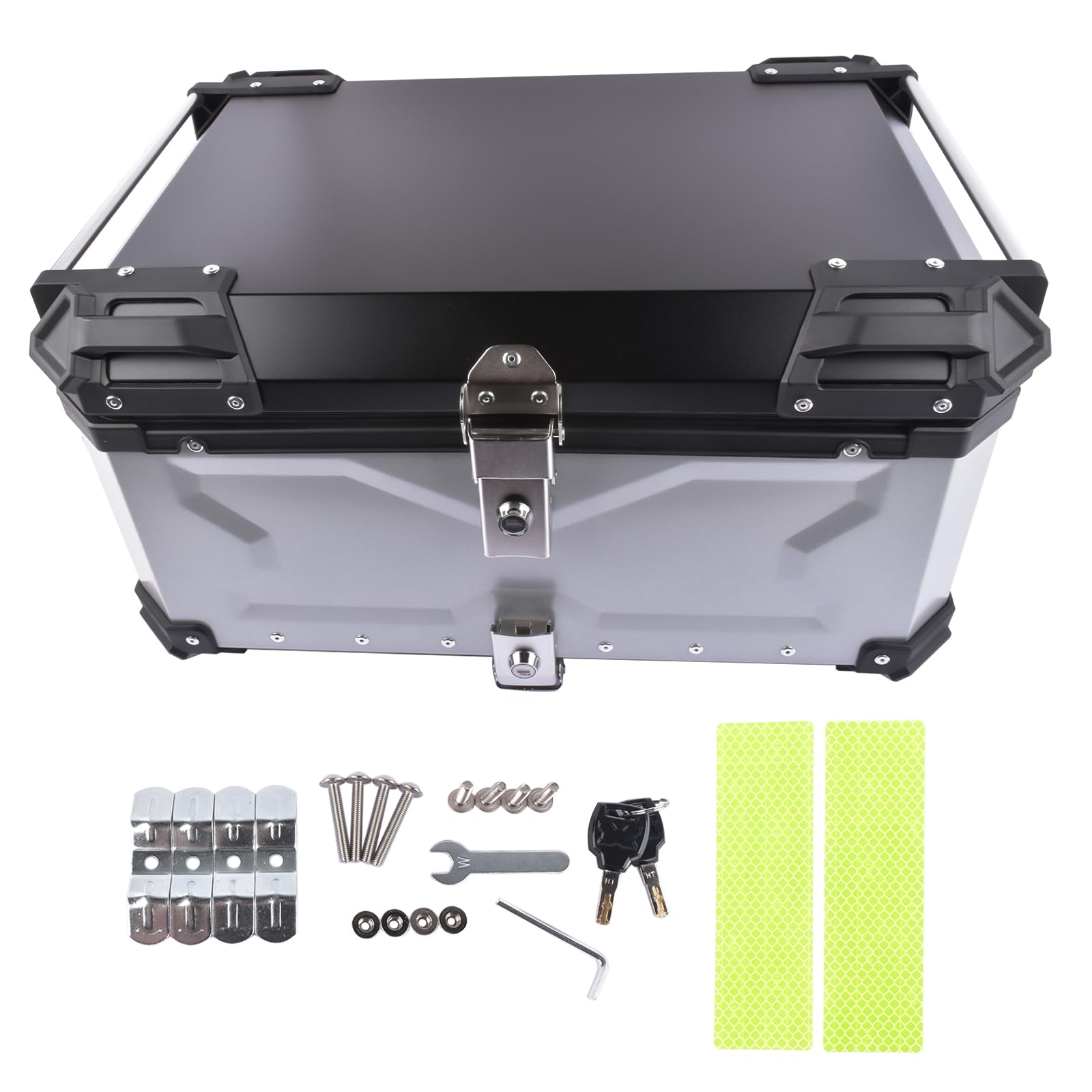 Hopzty 65L Motorrad Topcase, Wasserdicht Motorrad Top Box Topcase Roller Koffer mit Sicherheitsschloss, Motorradkoffer mit Rückenkissen und InstallierenTrägerplatte (Silber) von Hopzty