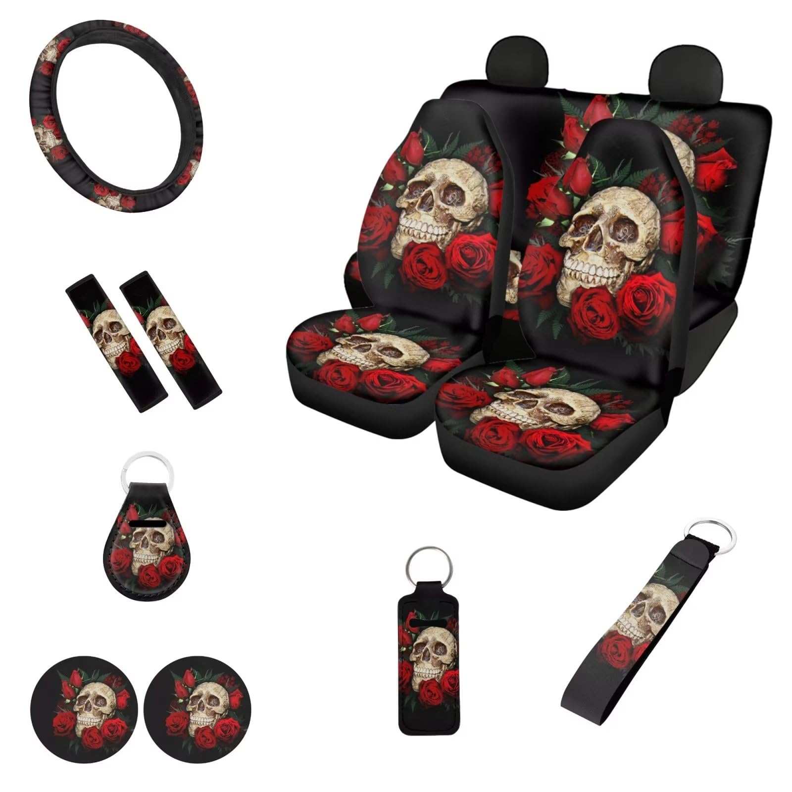 Howilath 12-teiliges Autozubehör-Set mit Totenkopf-Skelett-Motiv, Rosen-Blumenmuster, Autositzbezug, Lenkradbezug, Sicherheitsgurtbezüge, Untersetzer, Auto-Schlüsselanhänger, Chapstick-Bezüge, Schwarz von Howilath