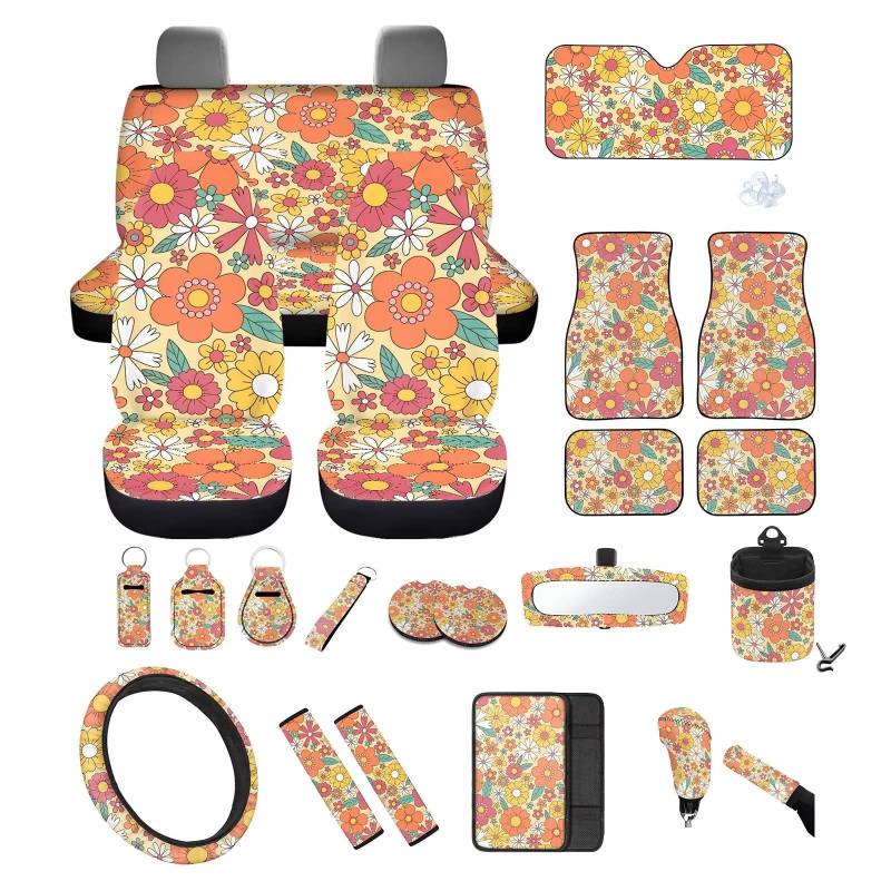 Howilath Retro Hippie Floral Auto Gummimatten Sonnenblende Schalthebelabdeckung + Handbremsabdeckung Auto Wasseruntersetzer Sicherheitsgurt Schutz Chapstick Halter Lenkradabdeckung Schlüsselanhänger von Howilath