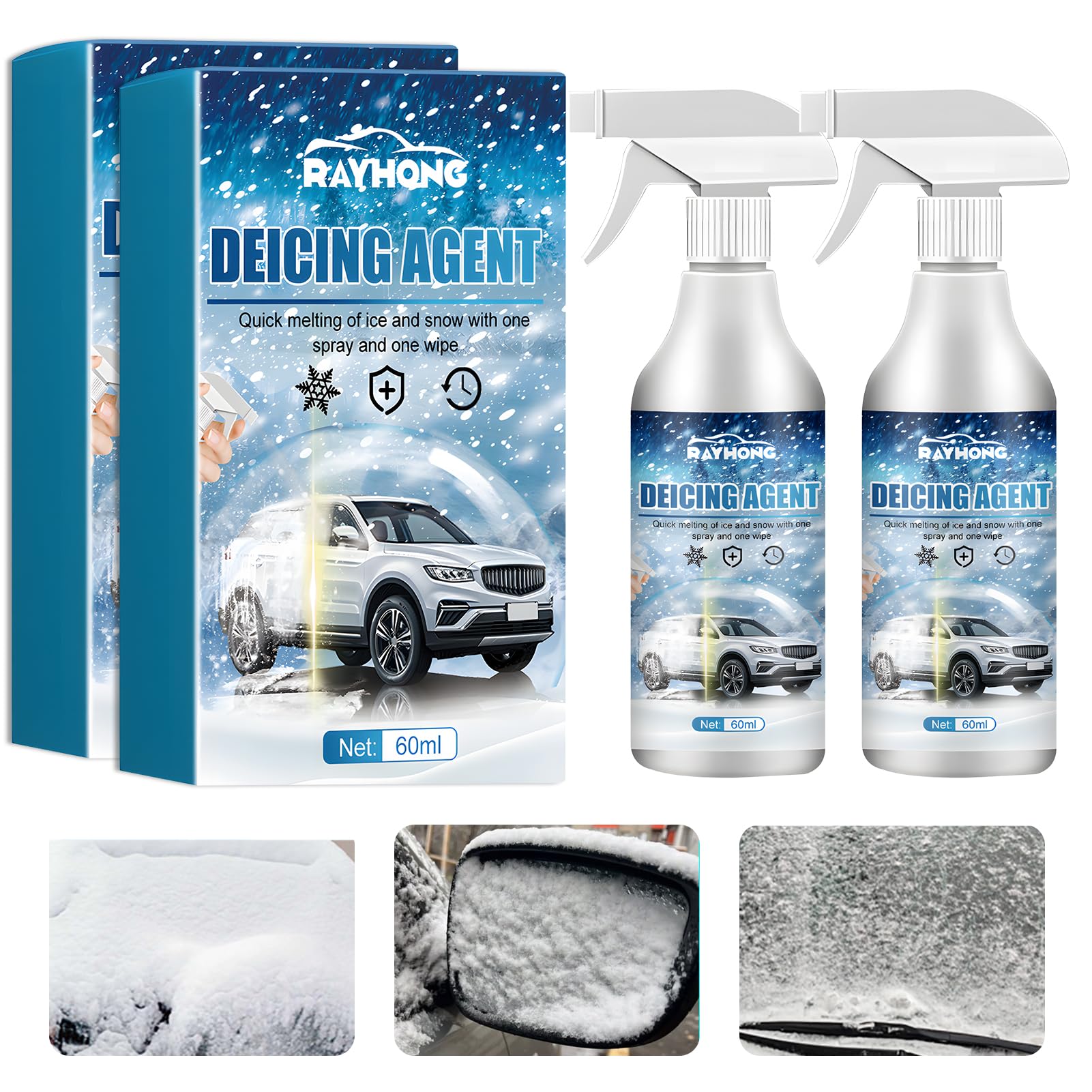 Hpbaggy Scheiben Enteiser Spray, Enteiserspray mit 2 Handtücher, Equipped with 2 Special Scraper, Entfernen sie Schnell EIS und Schnee von Autoscheiben und Windschutzscheiben(60ml/pcs) von Hpbaggy