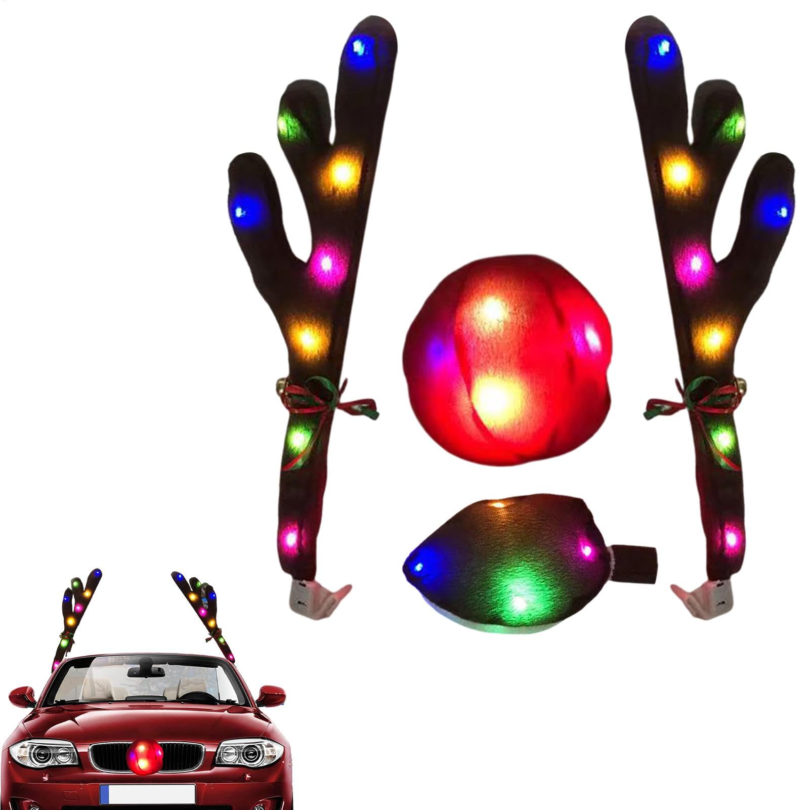 Hqunjikp Auto-Weihnachtsdekorationen, Weihnachts-Rentier für Auto-Ornamente, Auto-Rentiergeweih mit roter Nase und Schwanz, Auto-Geweih und Nase Jingle Bells Rentier Aufkleber von Hqunjikp