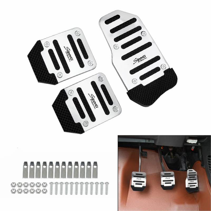 Auto Pedal Set Bremse Fußbett Fußstütze Pedale Abdeckplatte Manuelles Pedal Set Schaltgetriebe Gas Bremspedal Autopedal Universal Aluminium Rutschfeste Bremsfußpedale für Manuell Auto, 3pcs, Silber von HsentimenH