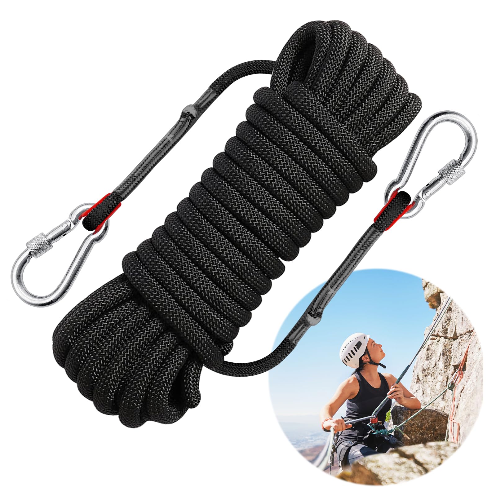 Kletterseil 10M*10mm Sicherungsseil, Nylon Statisches Kletterseil, Seil mit Karabiner, Reepschnur Klettern, Ankerseil Bootsseil Abseilseil Schwimmseil für Arbeiten in der Höhe/Feuerleiter/Abseilen von Huanmin