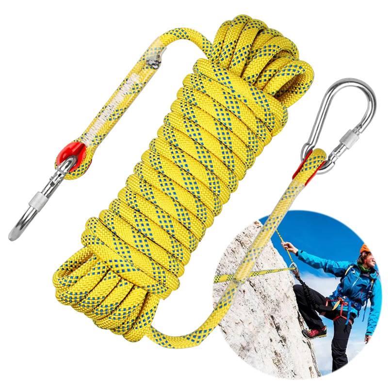 10mm*10M Seil Kletterseil, Sicherheitsseil, Schiffsseil Ankerseil, Nylon im Freien Rettungsseil Hochfestes Seil mit 2 Karabinern Rettungsseil Feuerrettungs, Tragegewicht 1500 KG Gelb von Huanmin