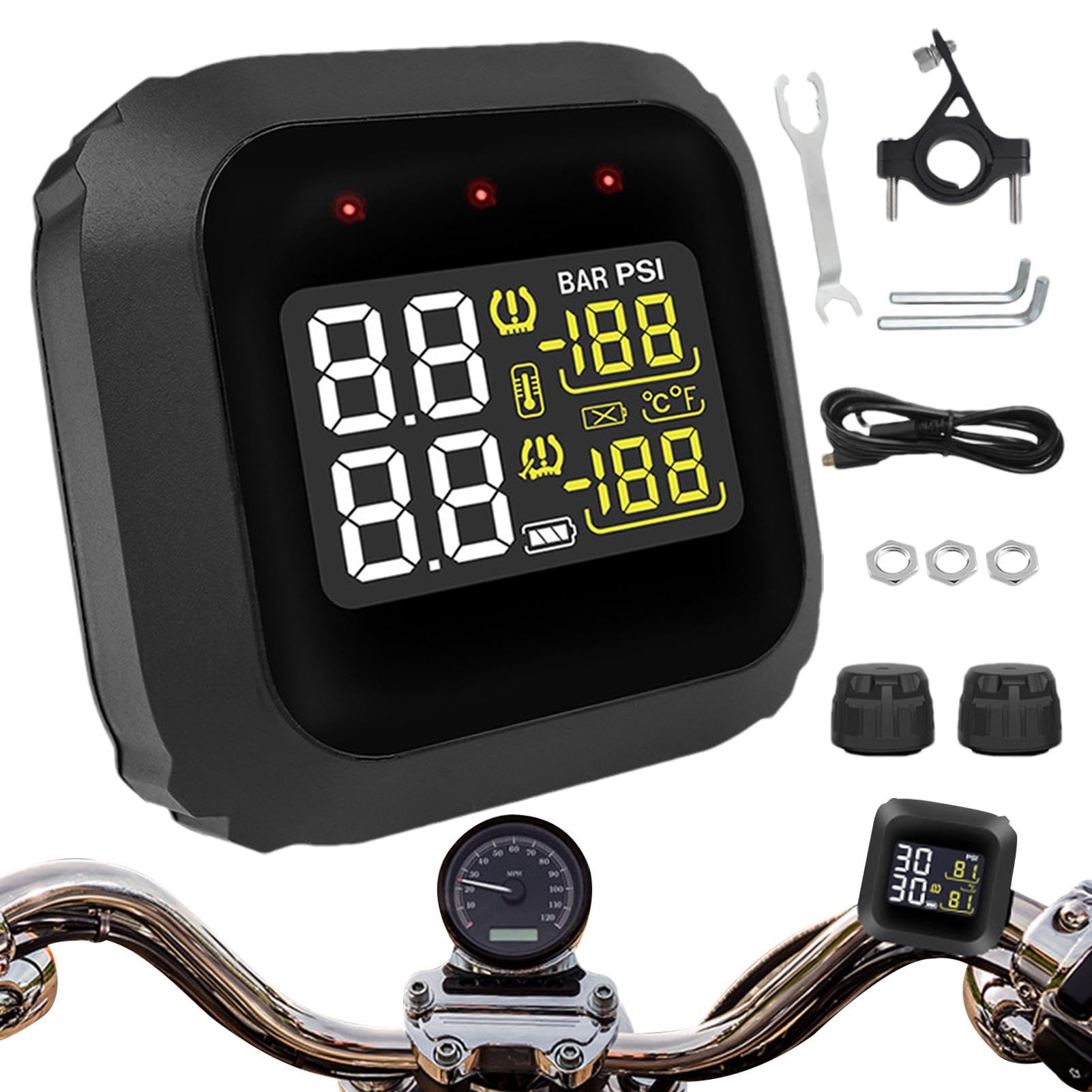 Huayeex Kabelloses Reifendruckkontrollsystem, TPMS-Sensor-Set, kabelloser Druckmonitor, Reifenüberwachungssensor, Echtzeit-TPMS-System, buntes Display, Motorradzubehör von Huayeex