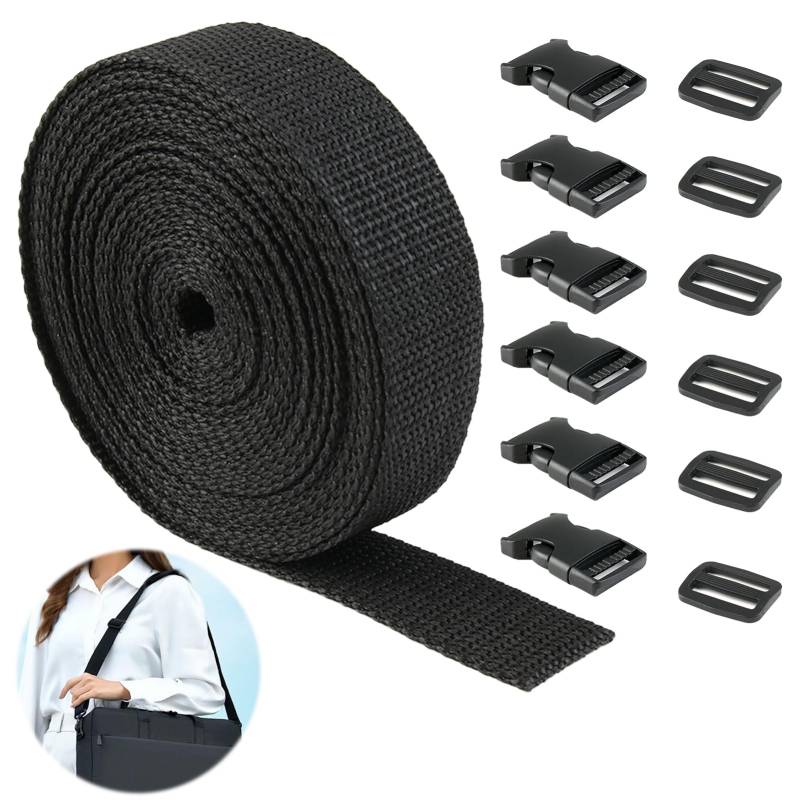 6 Meter Nylon Gurtband mit 6 Paare Schnallen, 2,5 cm strapazierfähiges Gurtband und Side Release Schnallen Clips für DIY Handwerk Rucksack Umreifung Tasche Gurtband Gepäck Befestigung Gurt von Hugfads