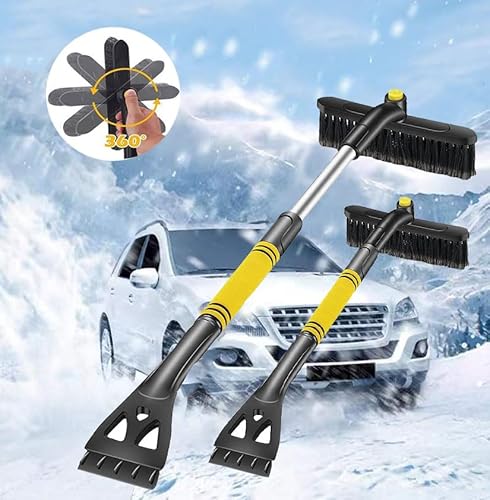 3in1 Auto Reinigungsbürste, Eiskratzer Schneebesen Abnehmbarer Eisschaber, Drehbarer Bürstenkopf, Schneefeger ausziehbar, mit Ergonomischem Schaumstoffgriff für PKW,LKW und SUV(ABS, PVC Bürste) Gelb von Huifengjie