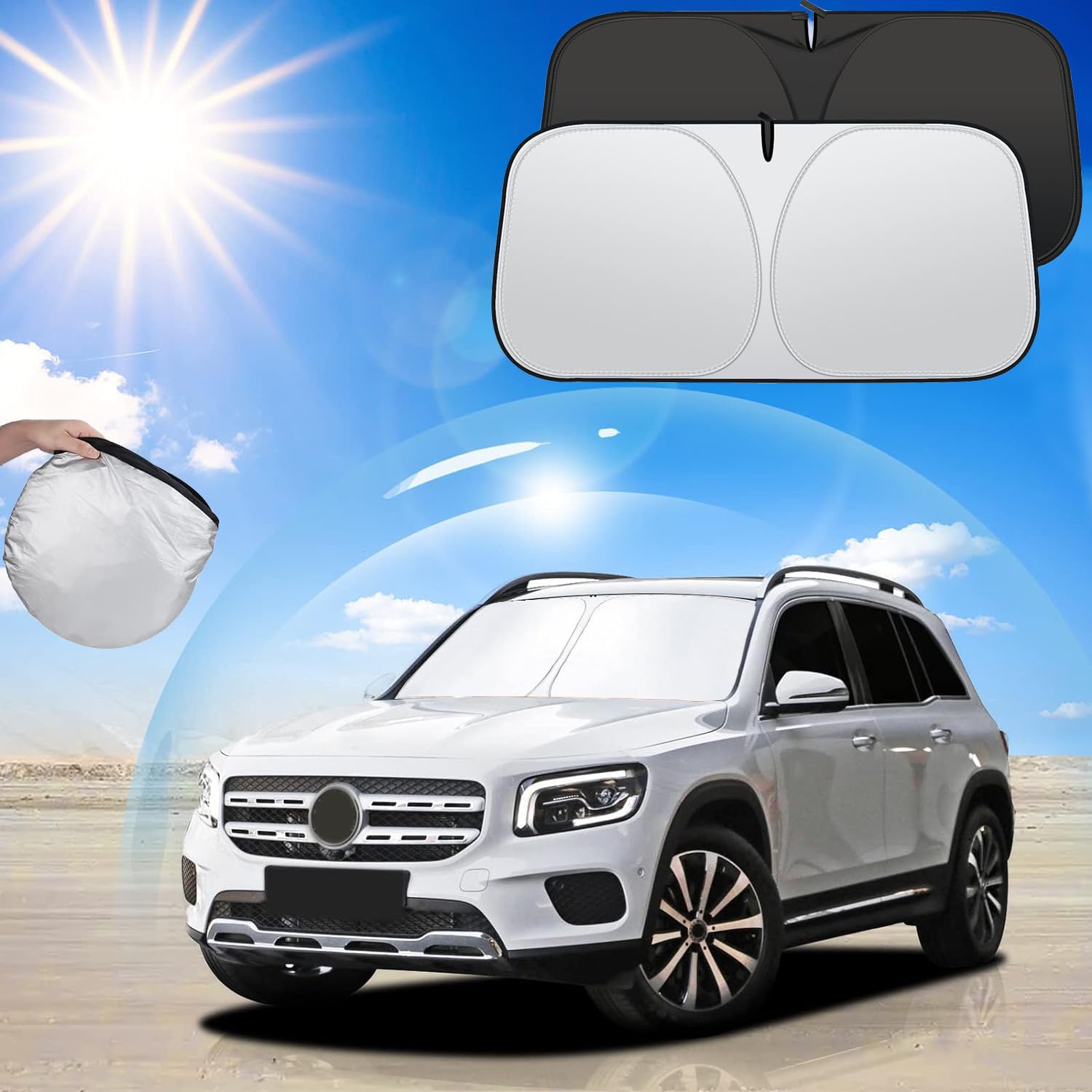 Sonnenschutz Frontscheibe,Auto Faltbarer Sonnenschutz für Windschutzscheibe,Universal Innen Sonnenschirm,Blocks UV Rays Sun Visor Protector,Sunshade,Universal Sonnenschirm für Auto,SUV,LKW -140x70 cm von Huifengjie