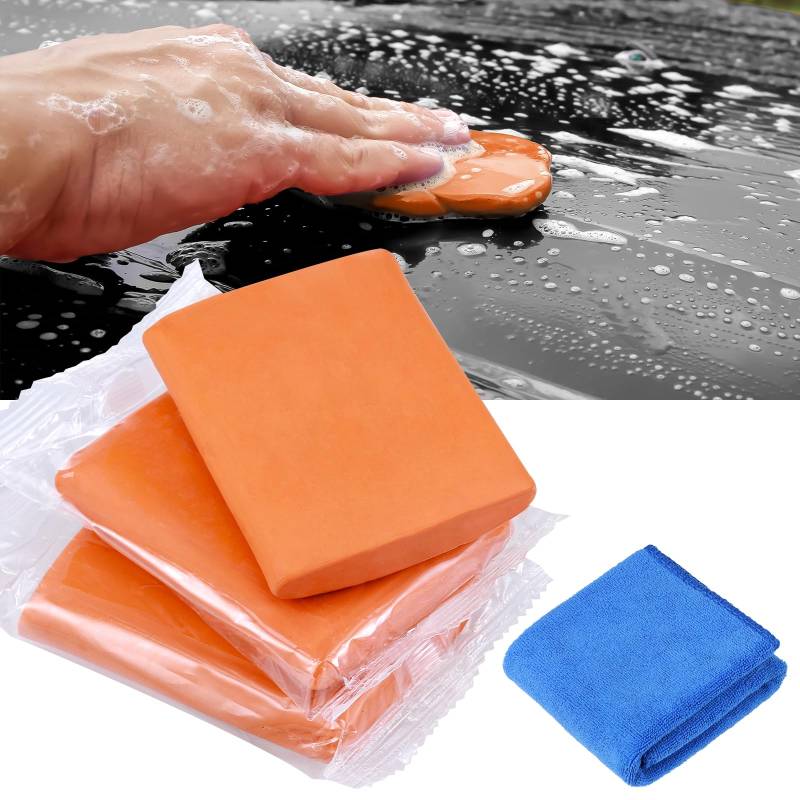 Huiguli Reinigungsknete Auto, 3 Stück Auto Reinigungsmasse mit Handtuch, Lackreinigungsknete zur Lackpflege, Magic Car Clay Bar (300g,Orange) von Huiguli