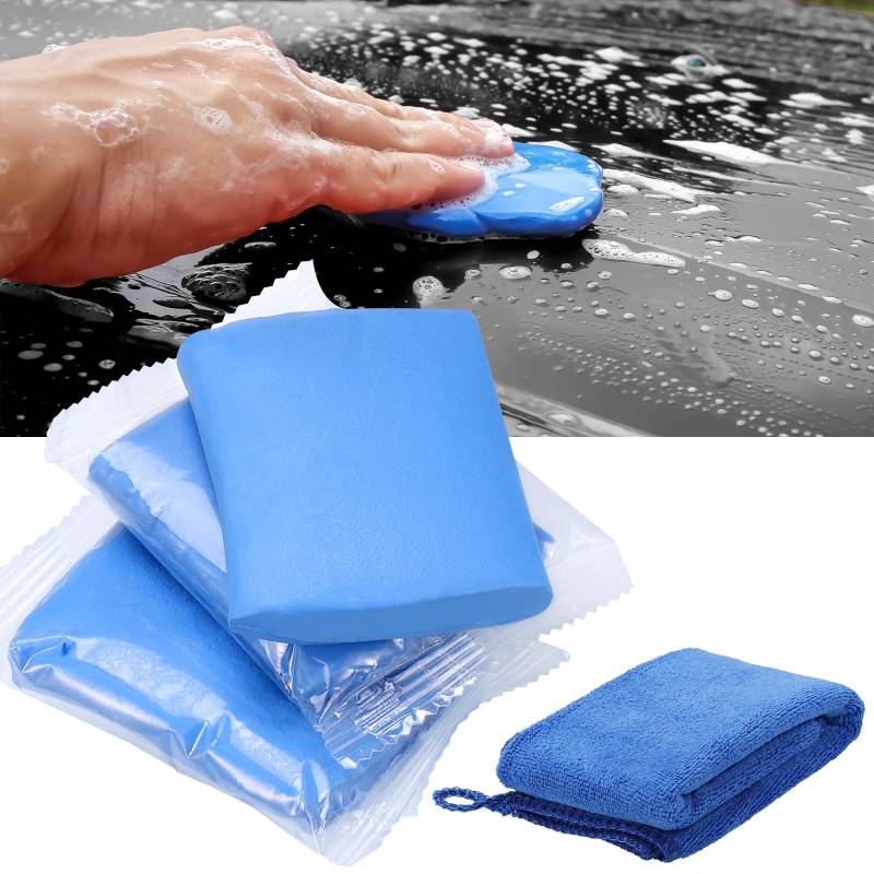 Huiguli Reinigungsknete Auto, 3 Stück Auto Reinigungsmasse mit Handtuch, Lackreinigungsknete zur Lackpflege, Magic Car Clay Bar für Autoreinigung Felgenreinigung (300g,Blau) von Huiguli