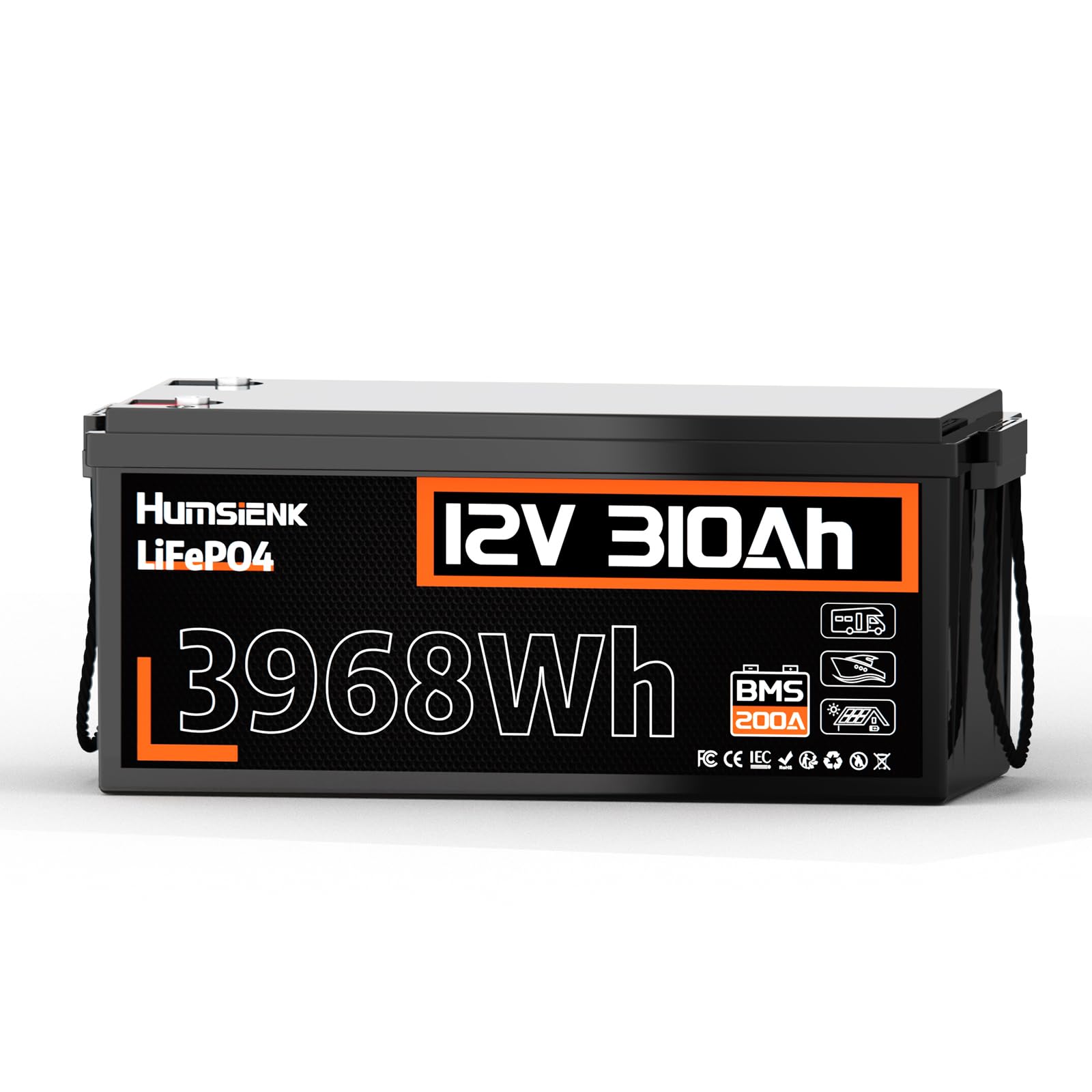 HumsiENK 12V 310Ah LiFePO4 Lithium Batterie 1 Pack, bis zu 15000 Zyklen, eingebautes 100A BMS, Schutz vor niedrigen Temperaturen von HumsiENK