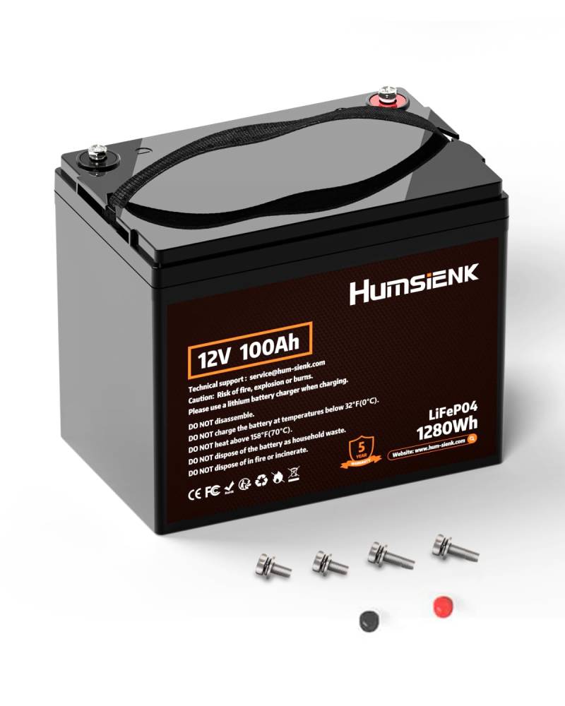 HumsiENK Lithium Battery 12V 100Ah LiFePO4 Batteries, Eingebautes 100A BMS, 15000 Deep Cycle Solarzellen, mit Niedertemperaturschutz, Geeignet für Wohnmobile, Boote, Trolling Motoren, Energiespeicher von HumsiENK