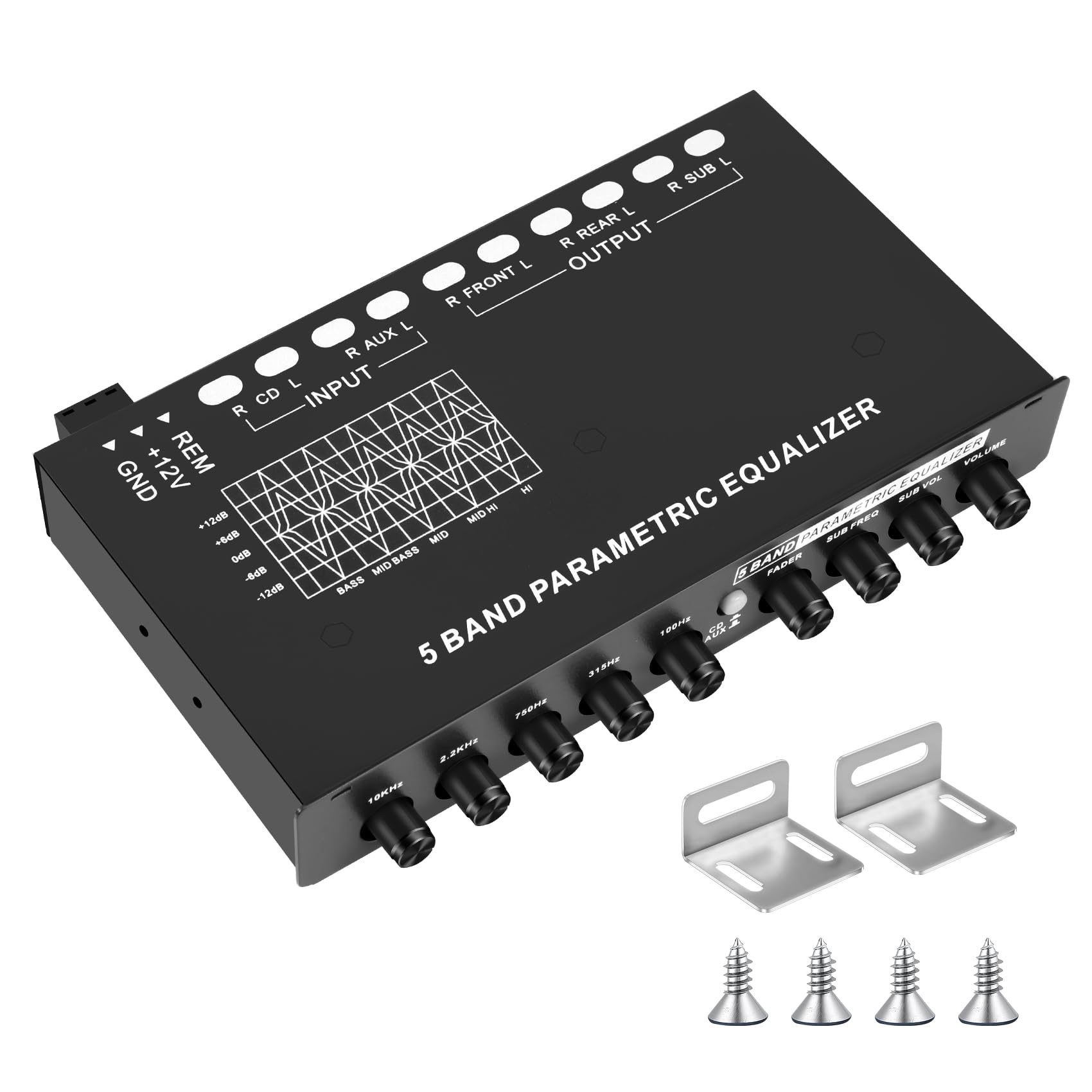 Huudngeje 5-BüNde Auto Audio Equalizer, Einstellbarer 7 Band EQ Auto VerstäRker Grafik Equalizer mit CD/AUX Eingangs Schalter, Schwarz von Huudngeje