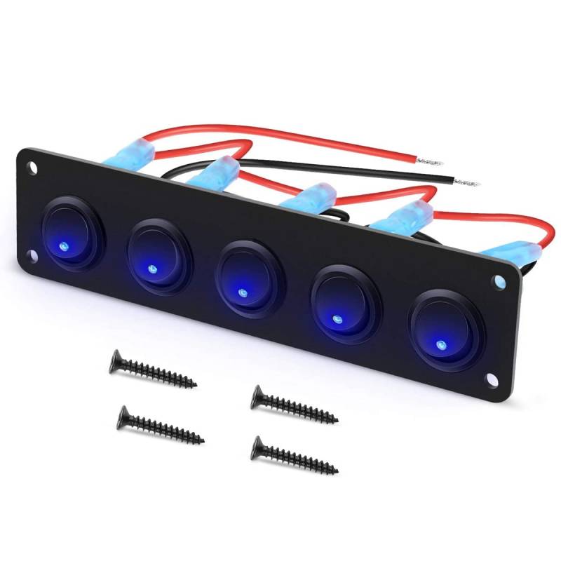 Huudngeje 5 Gang Round Dash Rocker Toggle Switch Panel Waterproof 12-24V LED für RV Ship Yacht Marine Car Marine Ship Blue von Huudngeje