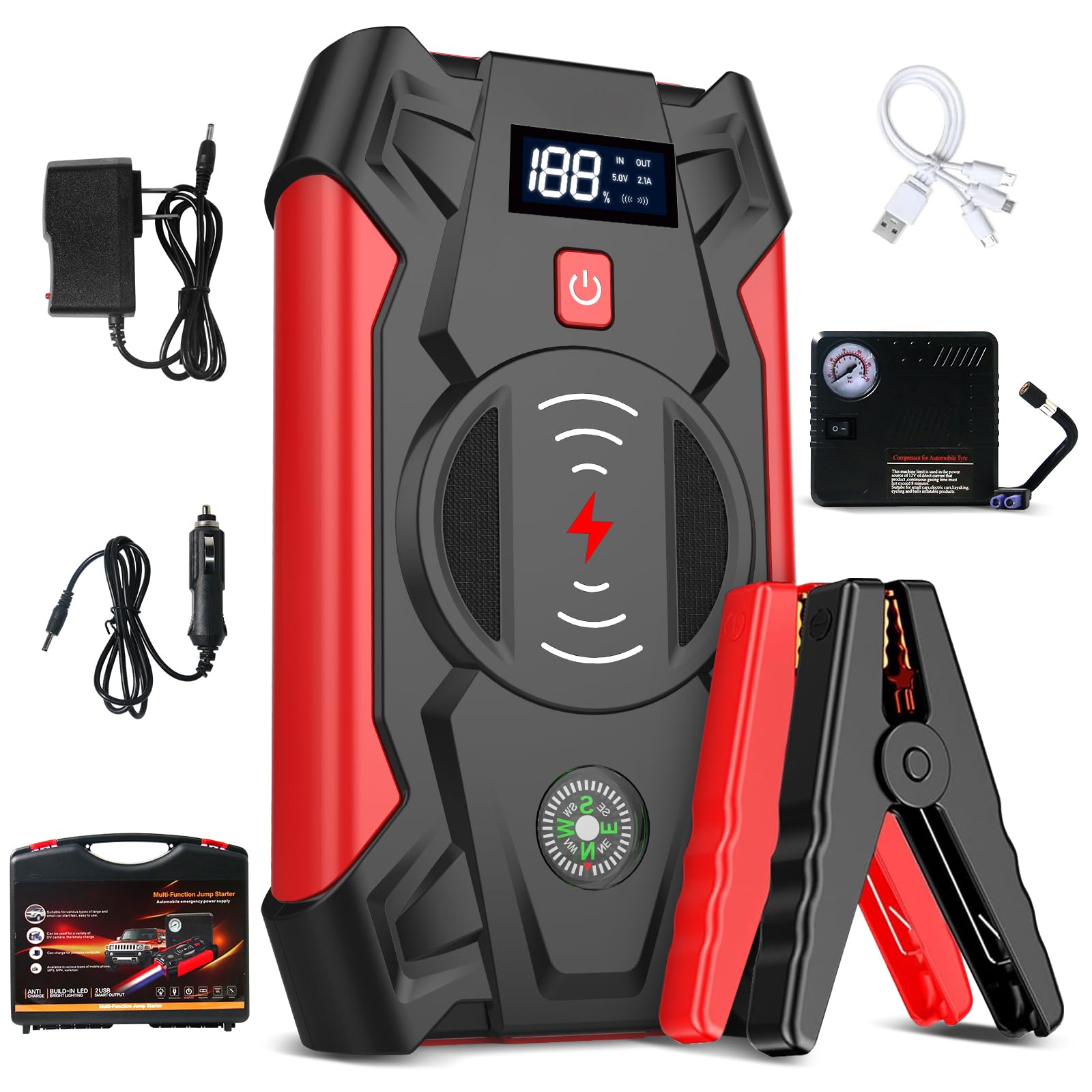 HyAdierTech Starthilfe Powerbank, 1800A Spitzstrom Tragbare Auto Starthilfe 12V Bis Zu 6.0L Benzin und 4.0L Dieselmotor, Auto Starthilfe mit LED-Taschenlampe/USB, Autobatterie Booster mit Kompressor von HyAdierTech