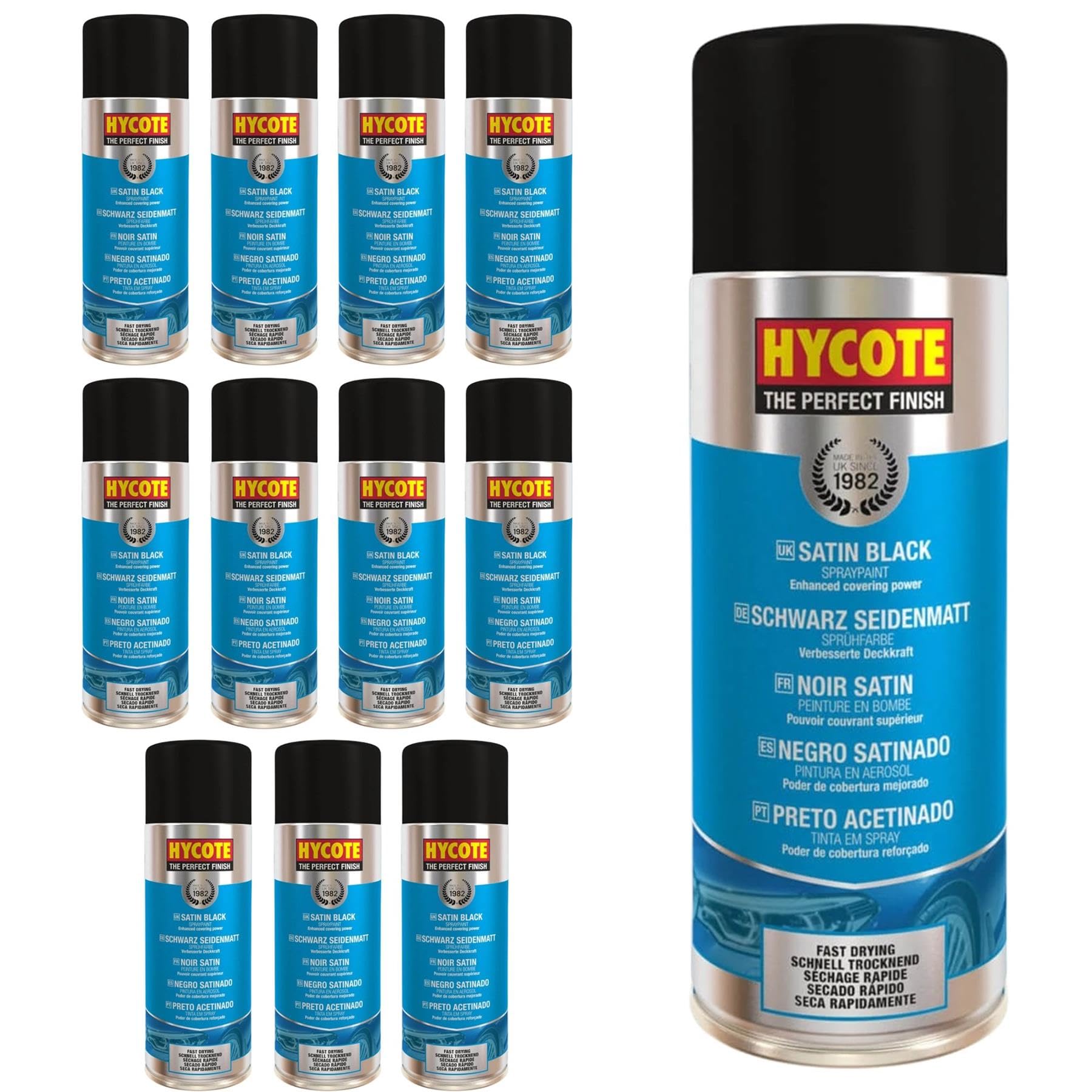 Hycote Schnelltrocknender Aerosol-Autospraylack, Satinschwarz, 400 ml (12er-Pack) von Hycote