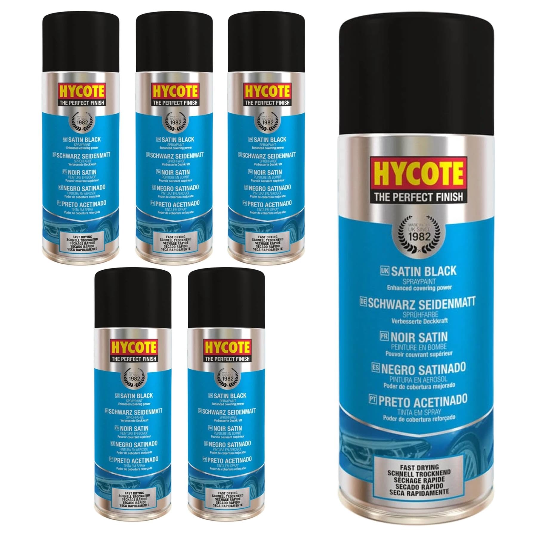 Hycote Schnelltrocknender Aerosol-Autospraylack, Satinschwarz, 400 ml (6er-Pack) von Hycote