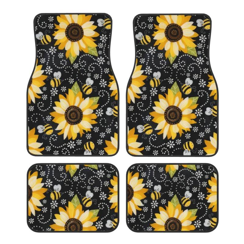 IDETECTOR Sunflower Bees bedruckte Auto-Fußmatten-Set, 4-teilig, universal, Auto-Dekoration, Zubehör von IDETECTOR