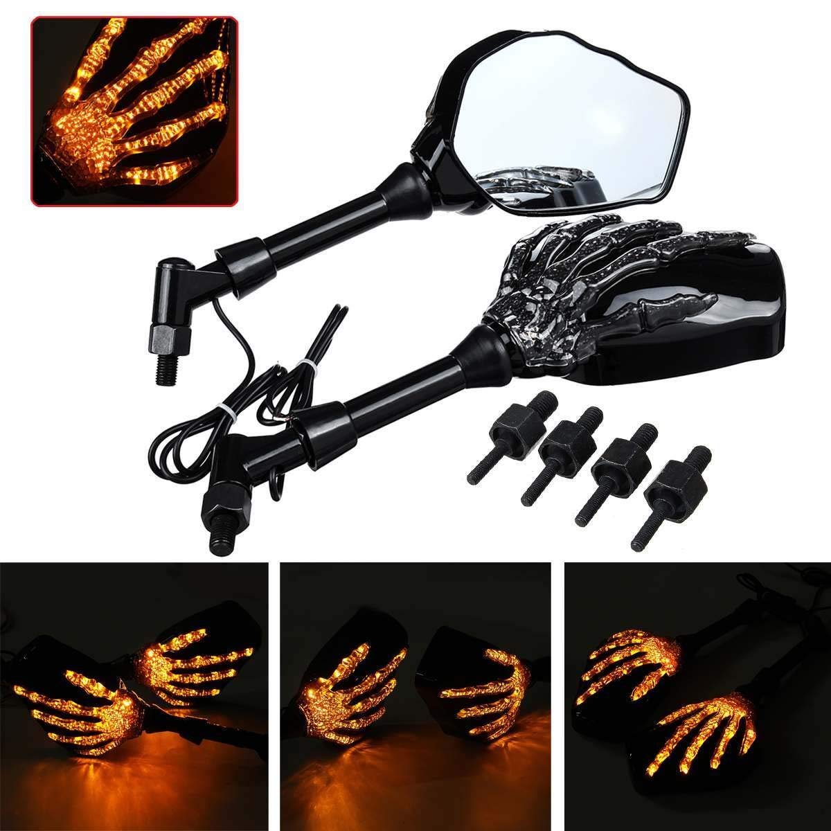 Motorradzubehör Motorrad Seitenspiegel Schädel Hand-Greifer-Rückspiegel LED Blinker Licht 8mm 10mm Universelles von IDPOLHYGF