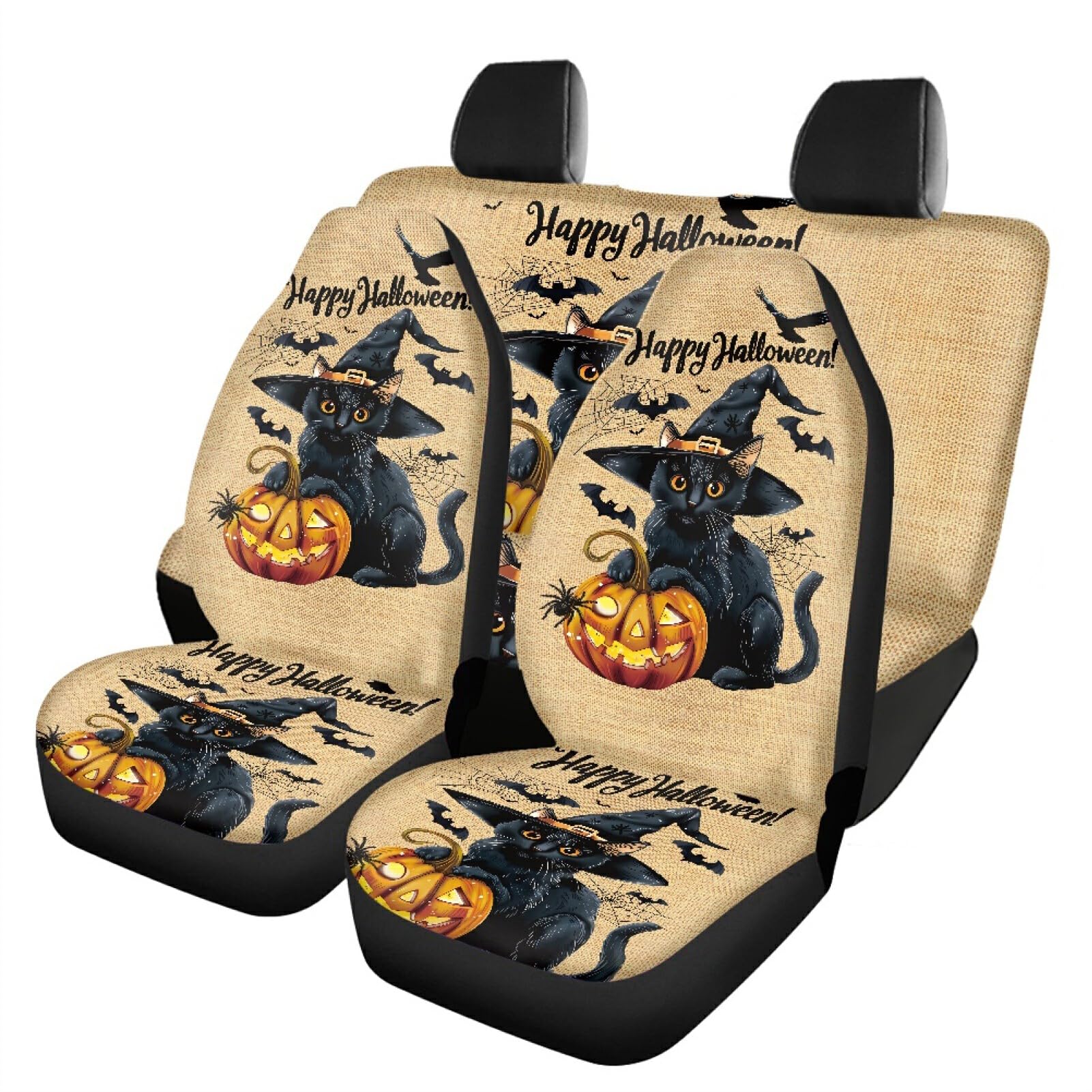 IEEDFJKK Autositzbezüge mit Halloween Motiv, schwarze Katze und Kürbis, Sitzbezüge Set, Sitzschutz, Autositzbezug, atmungsaktiv, einfach zu installieren, Katze mit Hut von IEEDFJKK