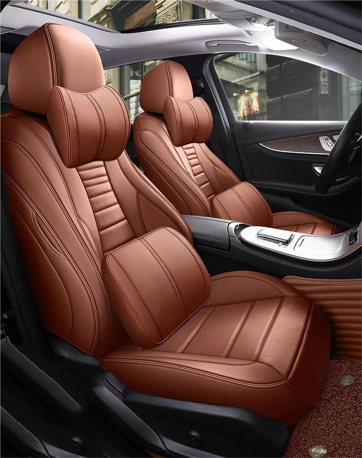 IITA Sitzbezüge Auto Autositzbezüge für Mercedes für W213 2016 2017 2018 2019 2020 Luxus-Komplettset Innenteile Automobilzubehör Auto-Schonbezüg(Brown+Cushion) von IITA