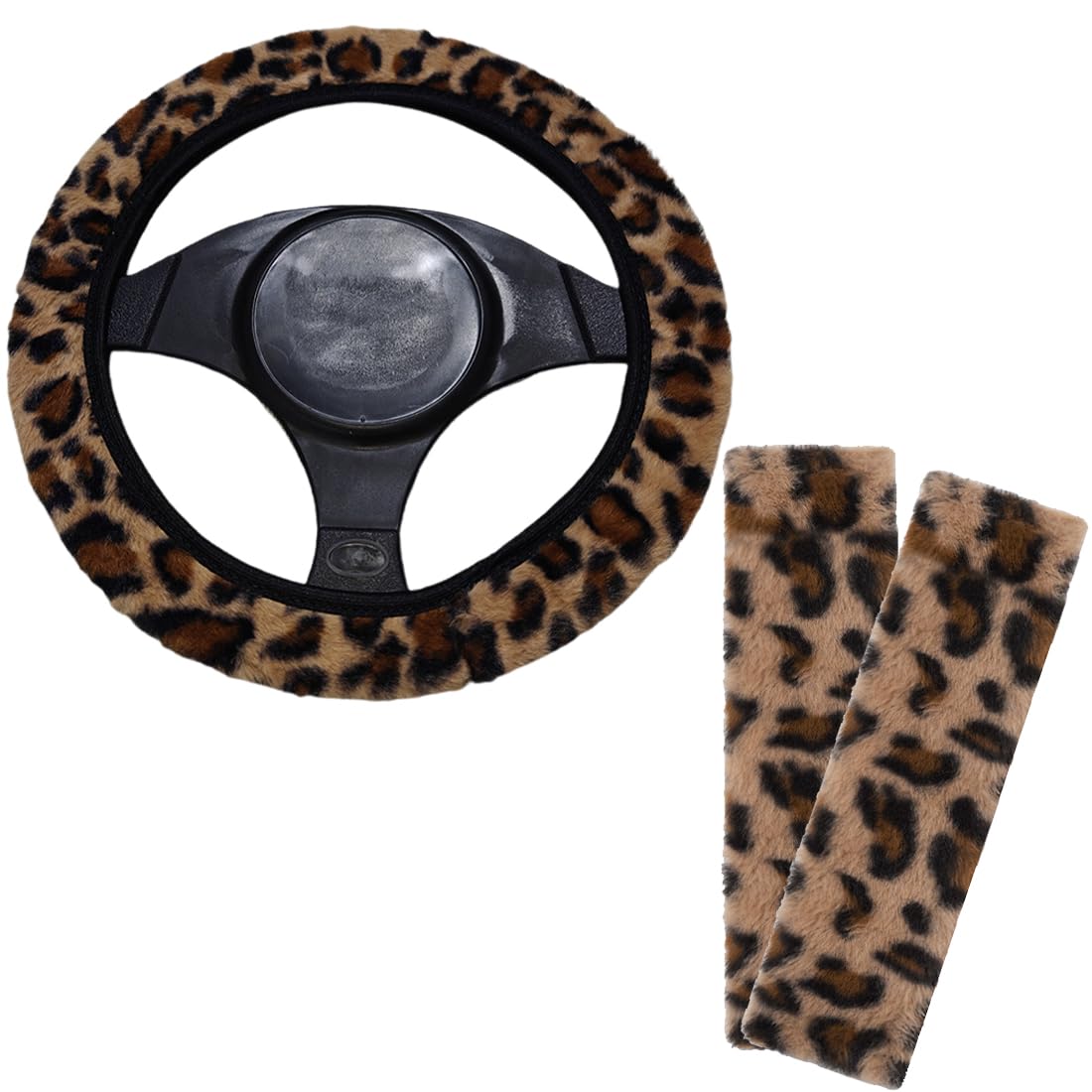 IKOPFLN Leopardenmuster Lenkradbezug Plüsch, Weiche Lenkradabdeckung Winter, Anti-Rutsch Lenkradschutz Auto, Lenkrad Bezug Universal 36–38 cm, Warmer Lenkradbezug Auto Winter Zubehör von IKOPFLN