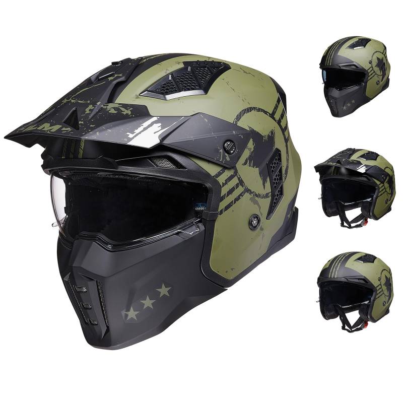 ILM Helm Motorrad Motocross Herren Damen Vintage Retro mit Visier ECE Model Z302,Armee Grün, 2XL von ILM