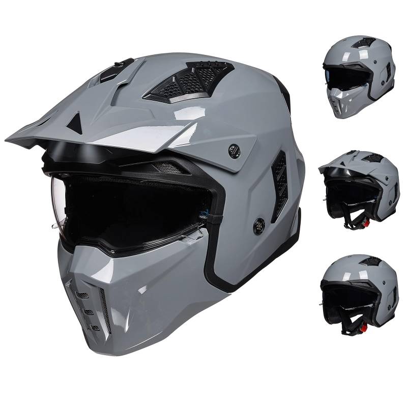 ILM Helm Motorrad Motocross Herren Damen Vintage Retro mit Visier ECE Model Z302,Grau, 2XL von ILM