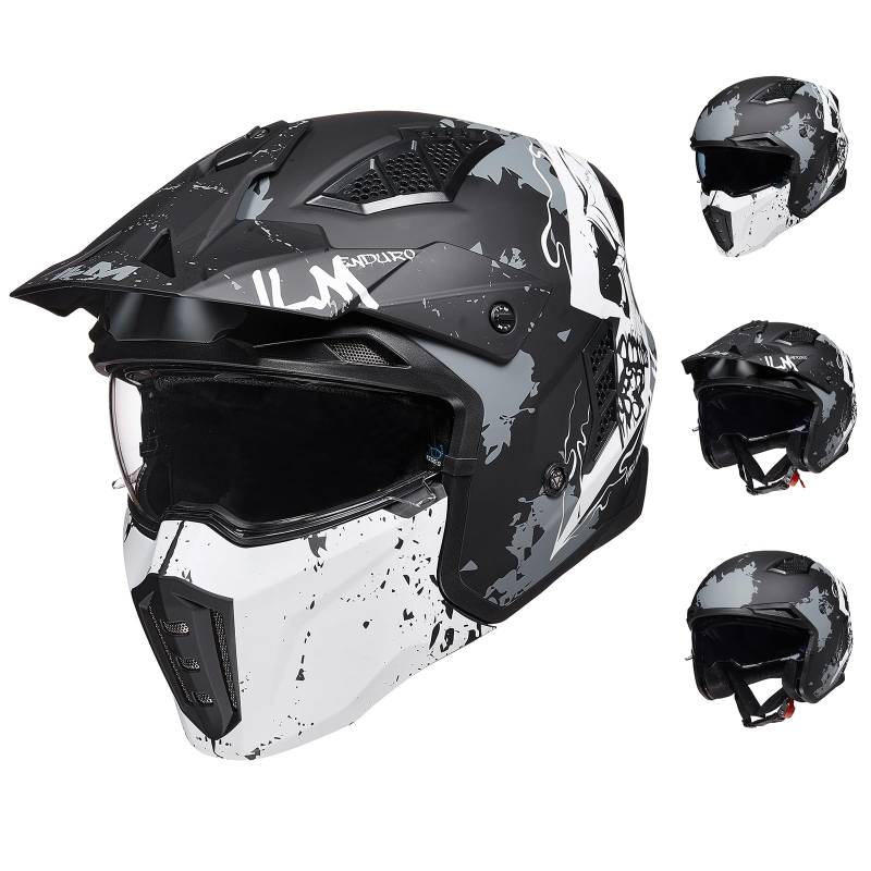 ILM Helm Motorrad Motocross Herren Damen Vintage Retro mit Visier ECE Model Z302,Schädel Matt, 2XL von ILM