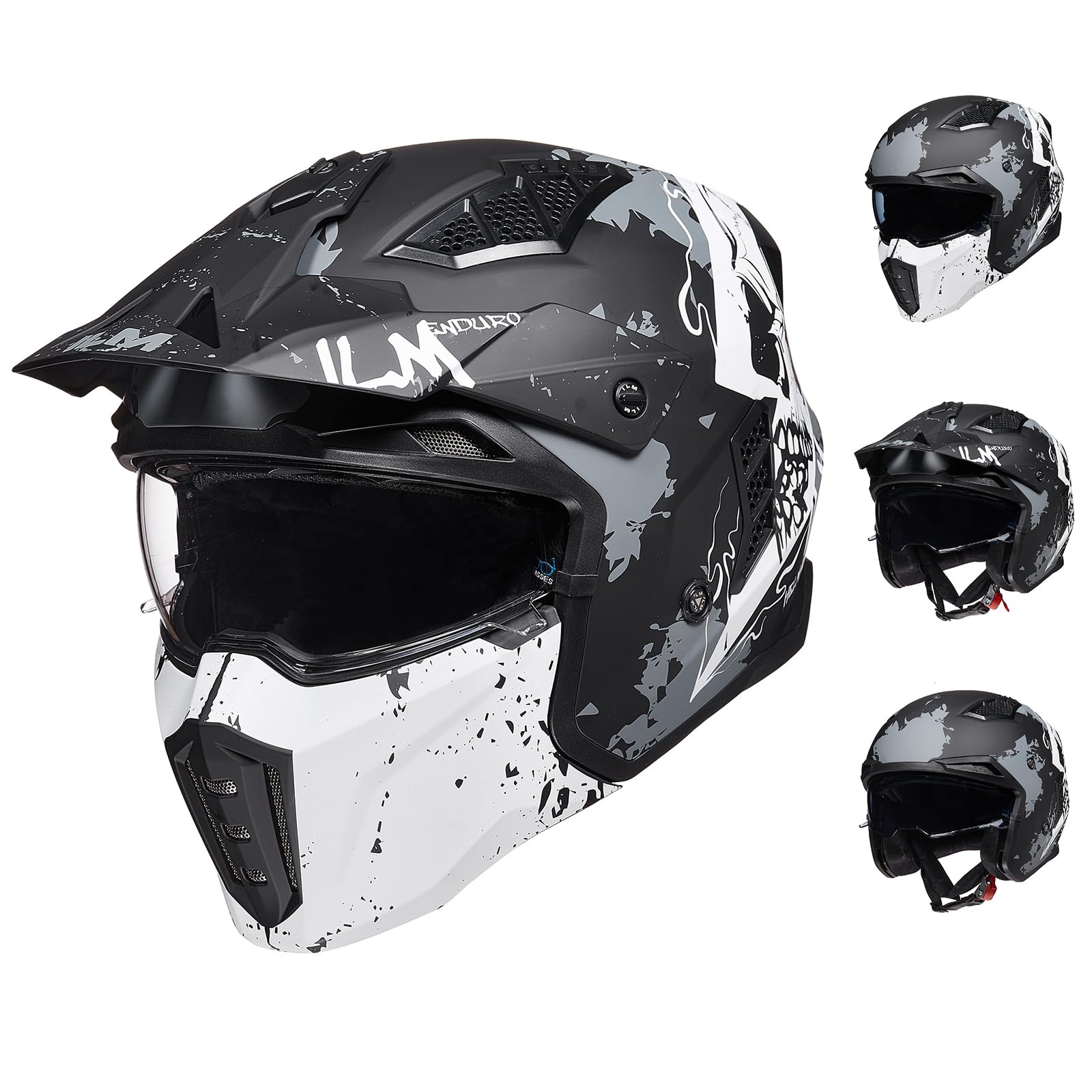 ILM Helm Motorrad Motocross Herren Damen Vintage Retro mit Visier ECE Model Z302,Schädel Matt, L von ILM