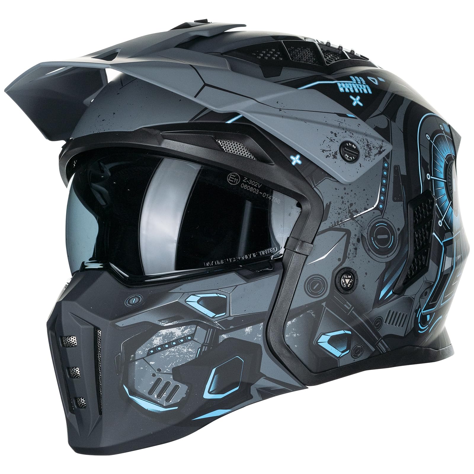 ILM Helm Motorrad Motocross Herren Damen Vintage Retro mit Visier ECE Model Z302,SciFiBlau,L von ILM